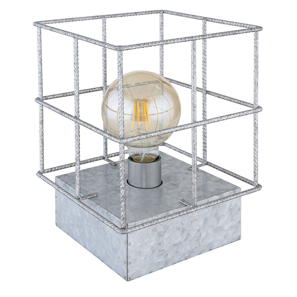 etc-shop Käfig Tischleuchte quadratisch inklusive, Tischleuchte, Lampe Leuchtmittel nicht Betonstahl-Gitter zinkfarbig