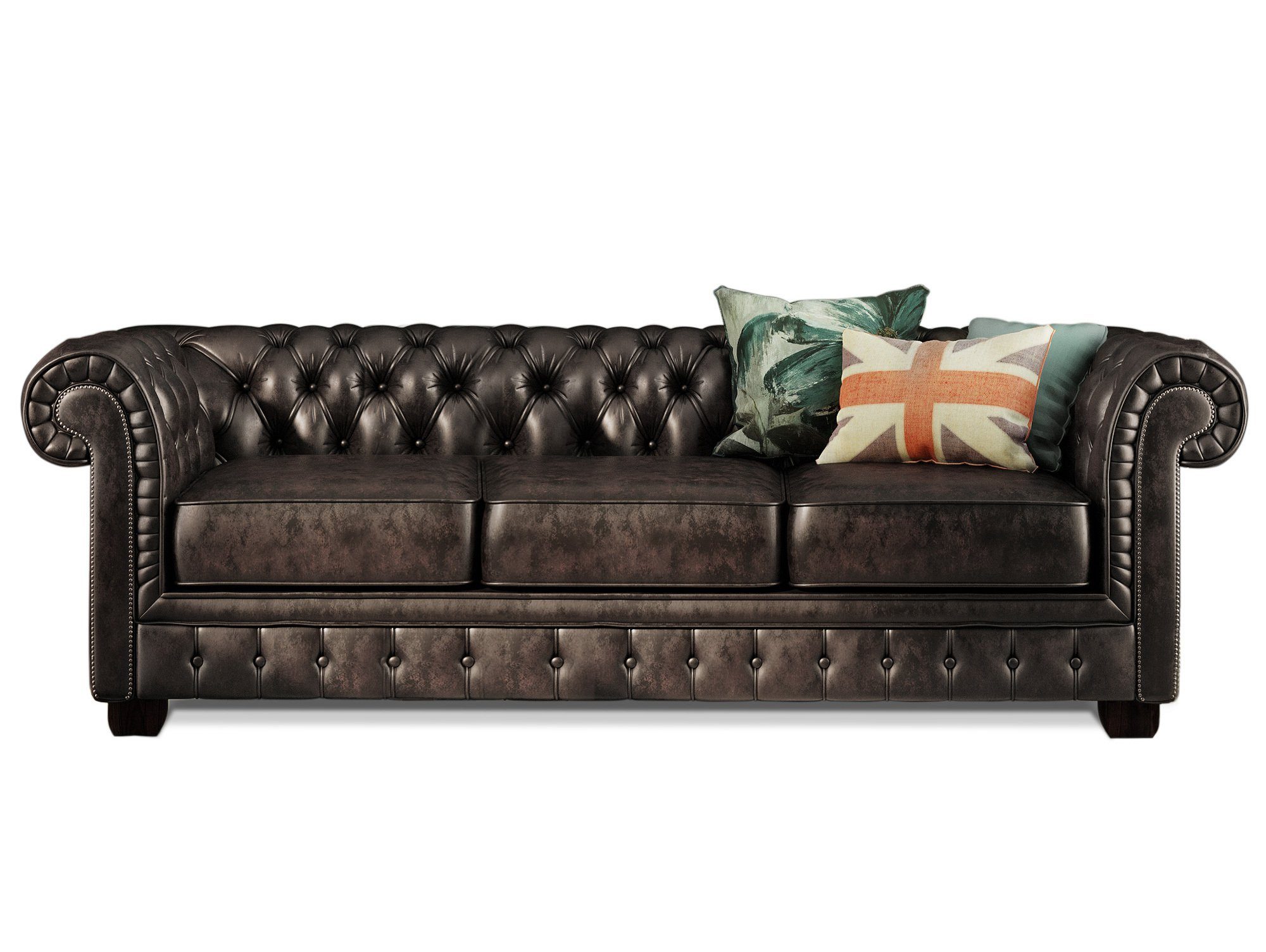 Moebel-Eins Sofa, CHESTERFIELD Echtleder 3-Sitzer Sofa BRADFORD, antikbraun