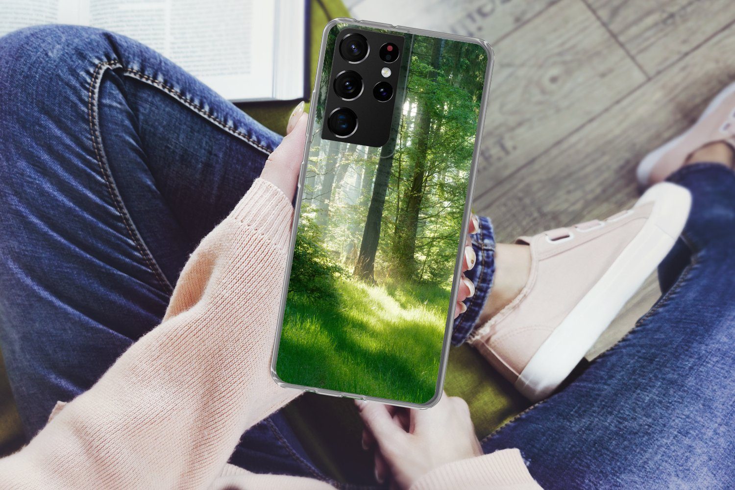 MuchoWow Handyhülle für Samsung Galaxy S21 Ultra Natur - Bäume - Wald - Grün - Sonne - Gra, Phone Case, Silikon, Schutzhülle Dünn