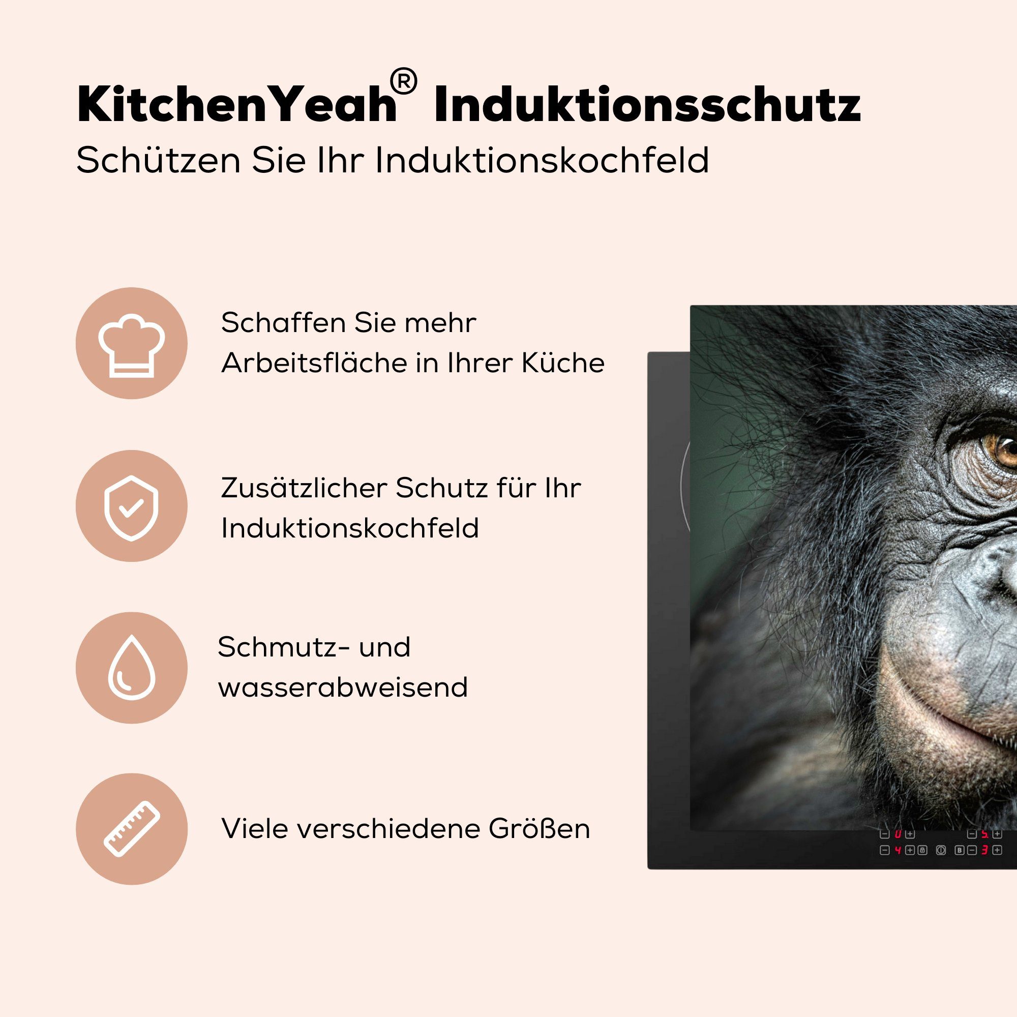78x78 MuchoWow - küche Ceranfeldabdeckung, Porträt Arbeitsplatte Vinyl, Herdblende-/Abdeckplatte - Schimpanse für Affe, tlg), cm, (1