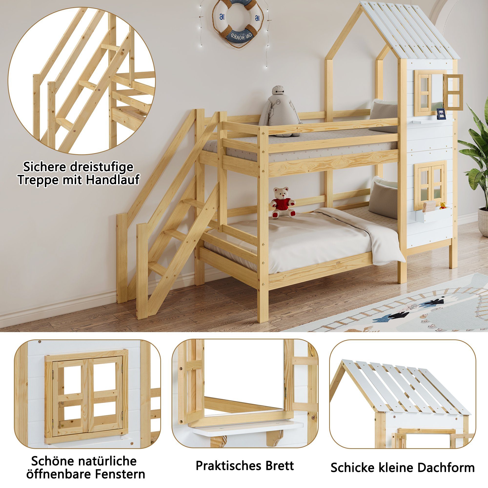 Etagenbett (Hochbett Kinderbett 90x200 cm), inklusive Trittleiter und Rundum-Absturzschutz, Kiefer