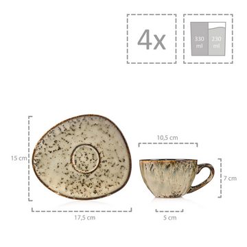 SÄNGER Kaffeeservice Pompei Kaffeetassen Set Beige mit schwarzen Akzenten (8-tlg), 4 Personen, Steingut, 230 ml, Handmade
