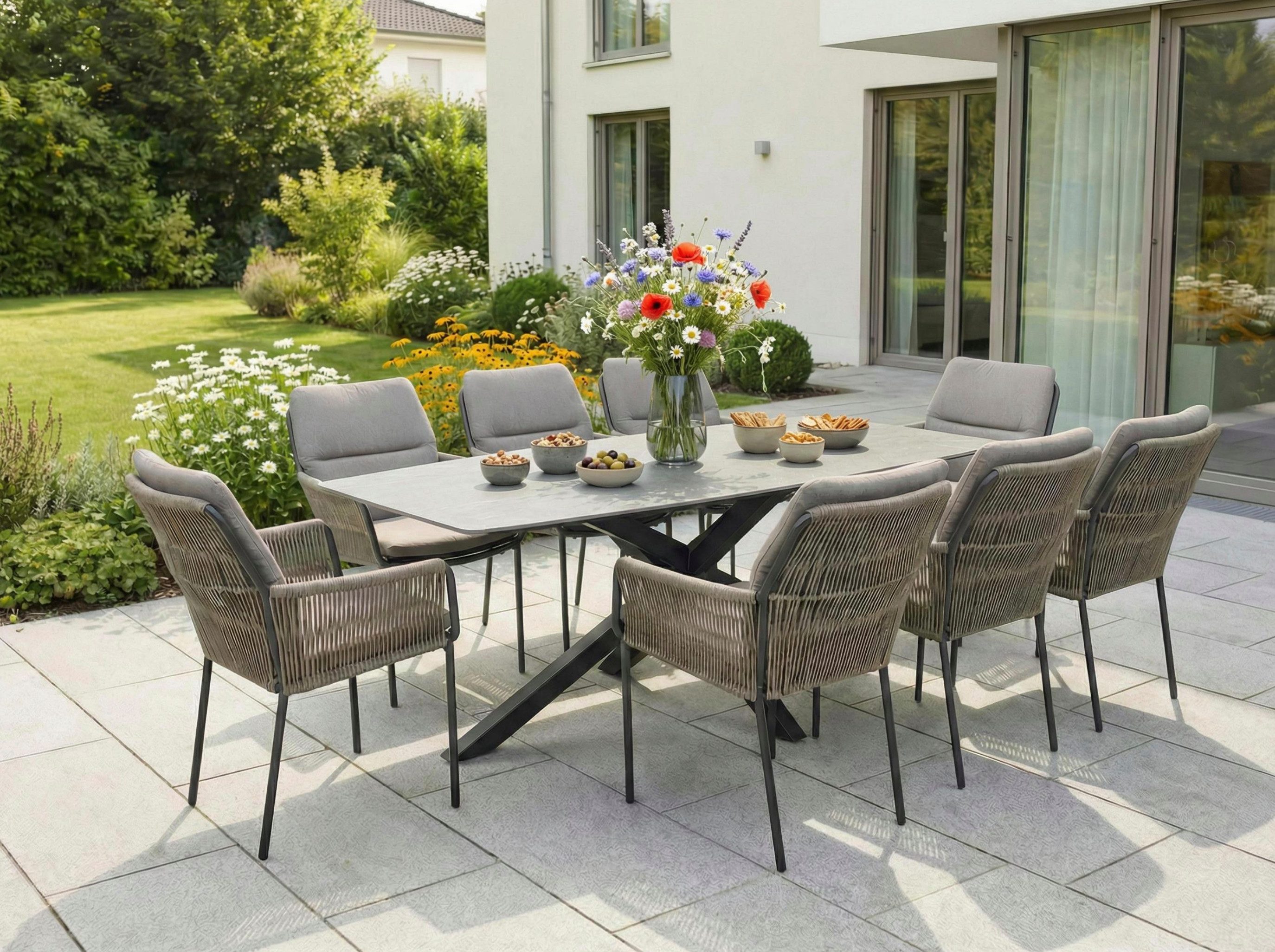 LC Garden Gartenlounge-Set Gartenset »Como« Esstisch 220cm Beton-Optik mit Armlehnstühlen Rope, (8-tlg)