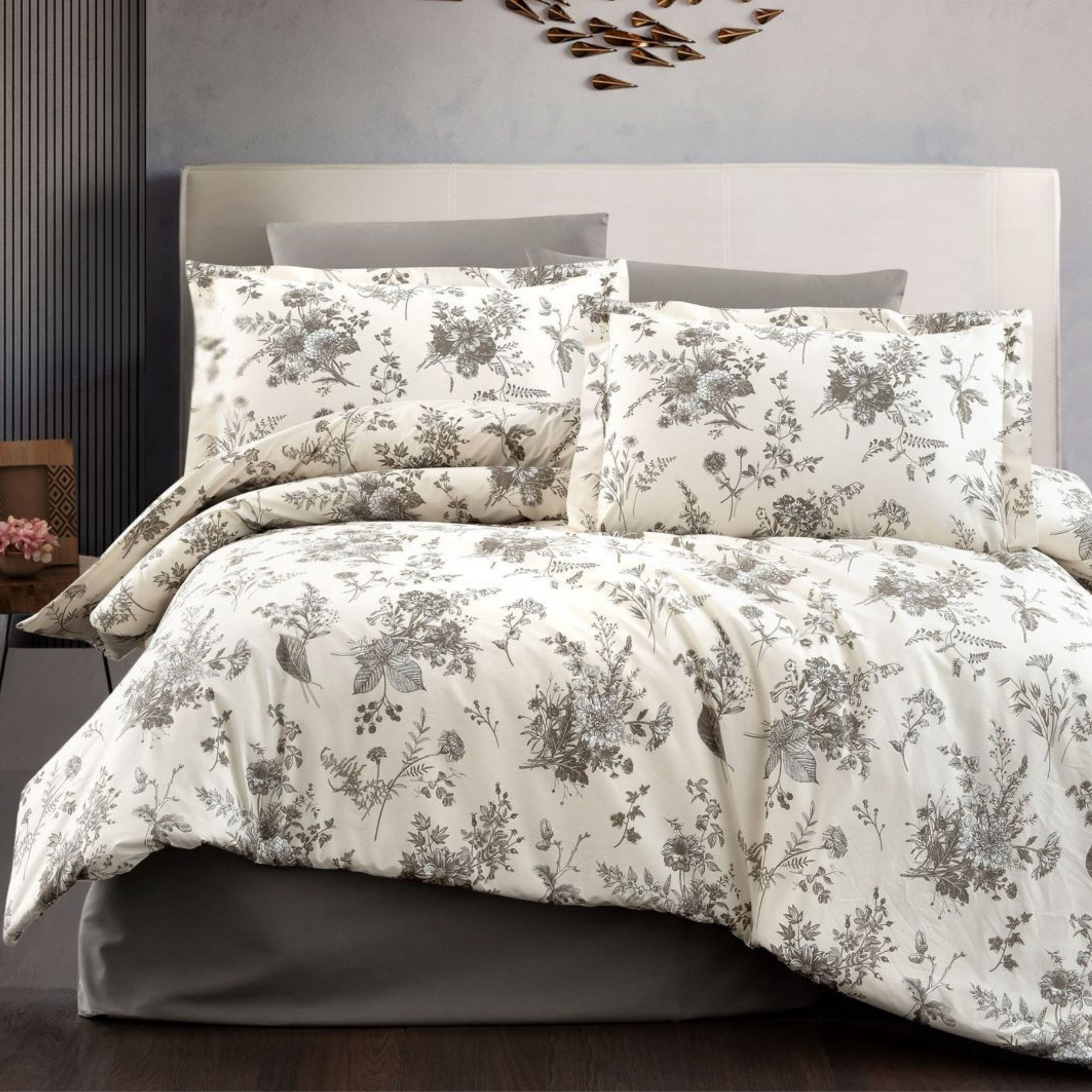 ZIRVEHOME Bettwäsche Baumwolle Bettwäsche-Set Beige Bettbezug Schwarz geblümt Evla V1, Renforce, 3 teilig, Baumwolle Bettbezug Beige mit Blumenmuster in Schwarz – Bild 2 von 5