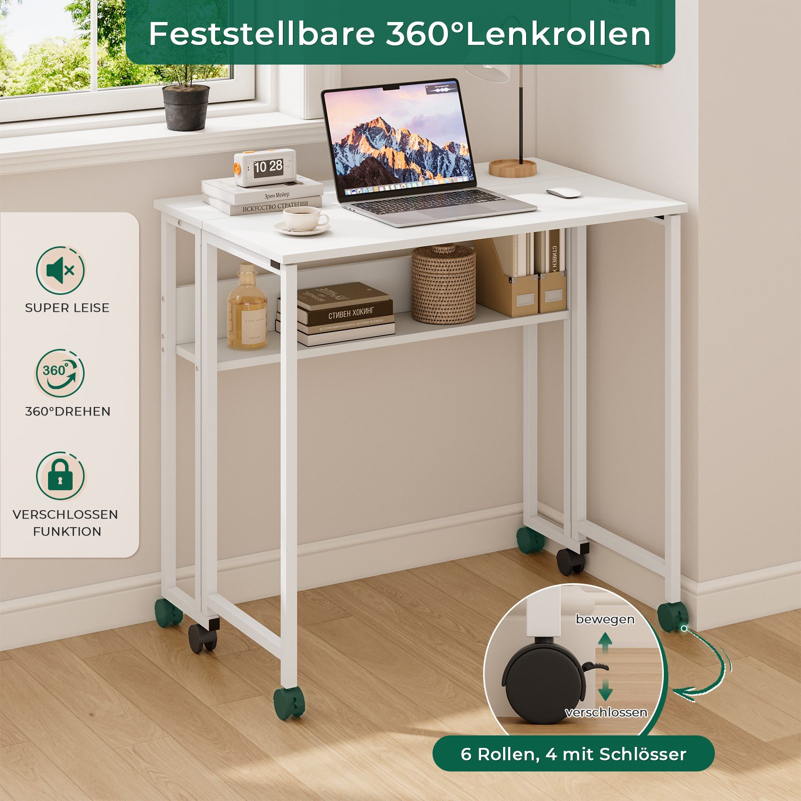 NAIMP Klapptisch Faltbar Schreibtisch Platzsparender Computertisch kleiner Tisch, mit Stauraum und Rollen – Bild 4 von 5