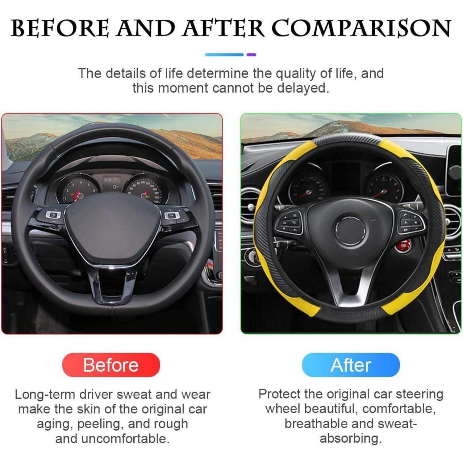 Luxury Collection Car Floor Mats Steering Wheel Cover Universal Non-Slip Microfiber 37 38 cm Yellow