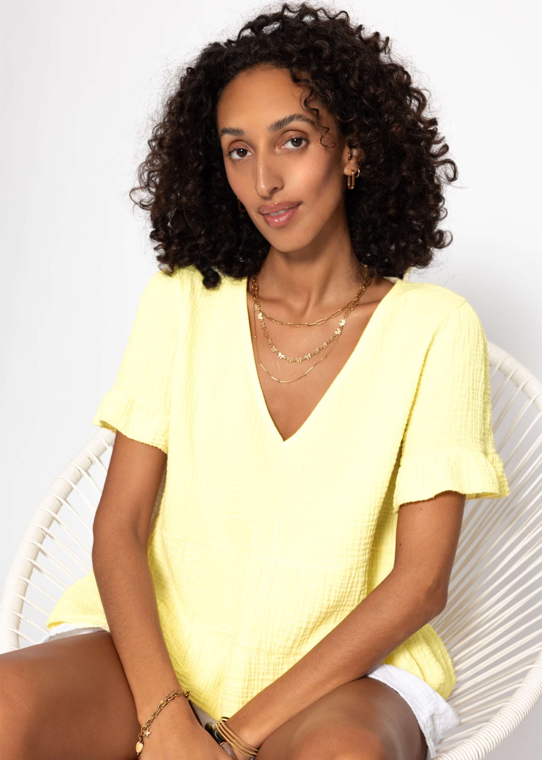 Kurzarmbluse Luftiges Musselin Shirt Damen mit Volants