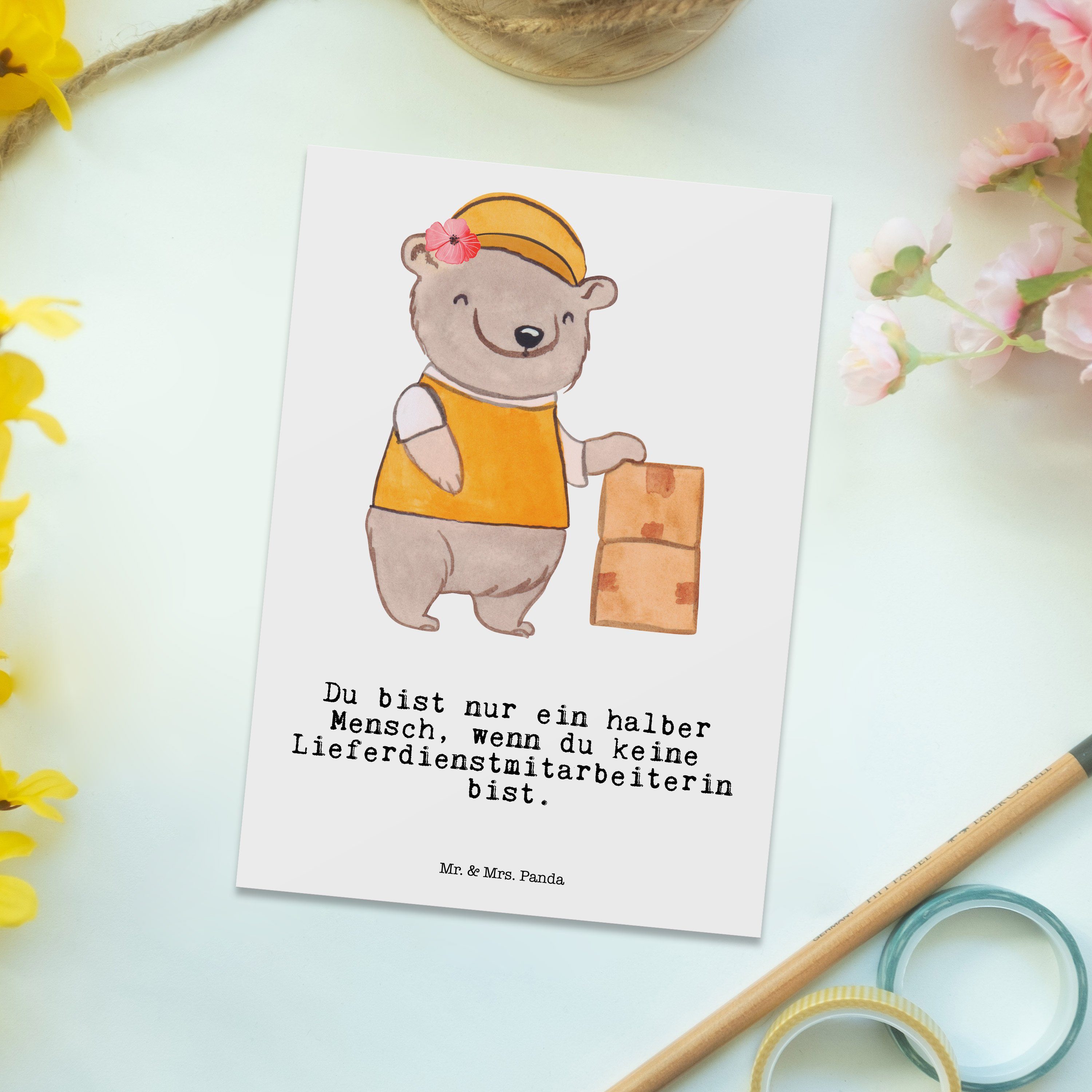 Geschenk, Panda Mr. Mrs. Lieferdienstmitarbeiterin - & - Herz Weiß Postkarte Abschied, mit Schen