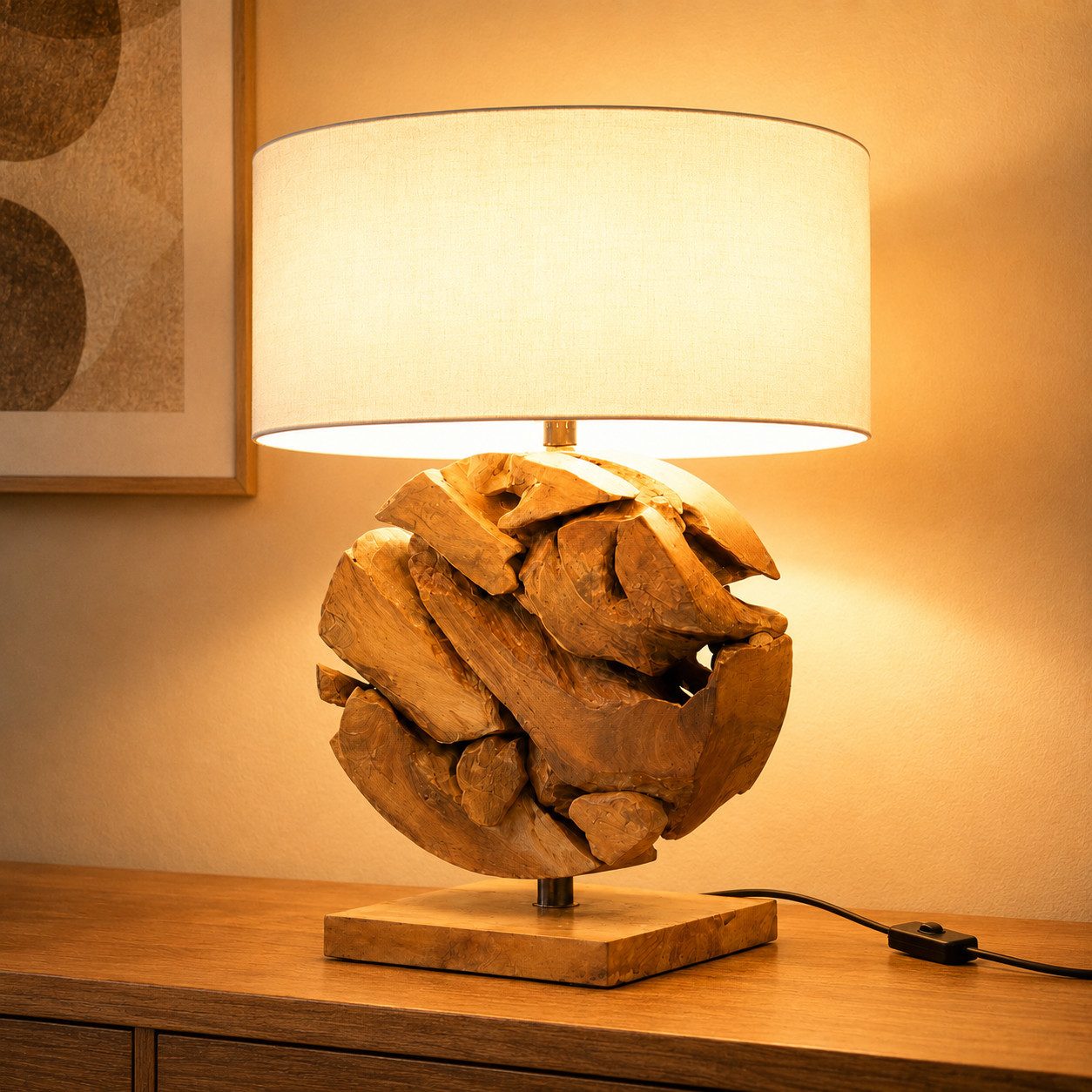 Möbel Bressmer Tisch-Tageslichtlampe GLOBE Tischlampe holz,handgefertigte Teakholz-lampe,weiß Leinenschirm, Nicht Inklusiv