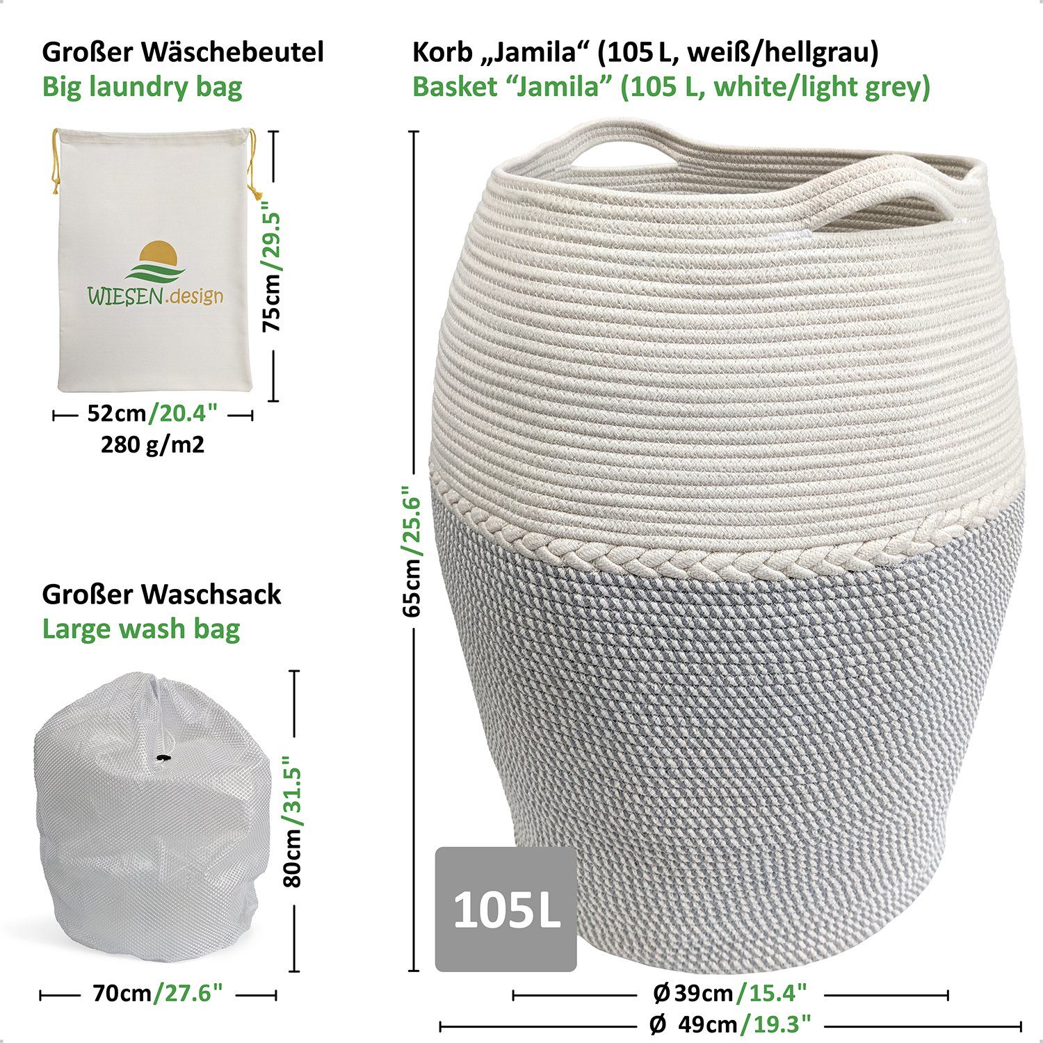 WIESEN.design Wäschekorb Jamila Ø46/39xH65cm 105L, 100% Baumwolle, Aufbewah günstig online kaufen