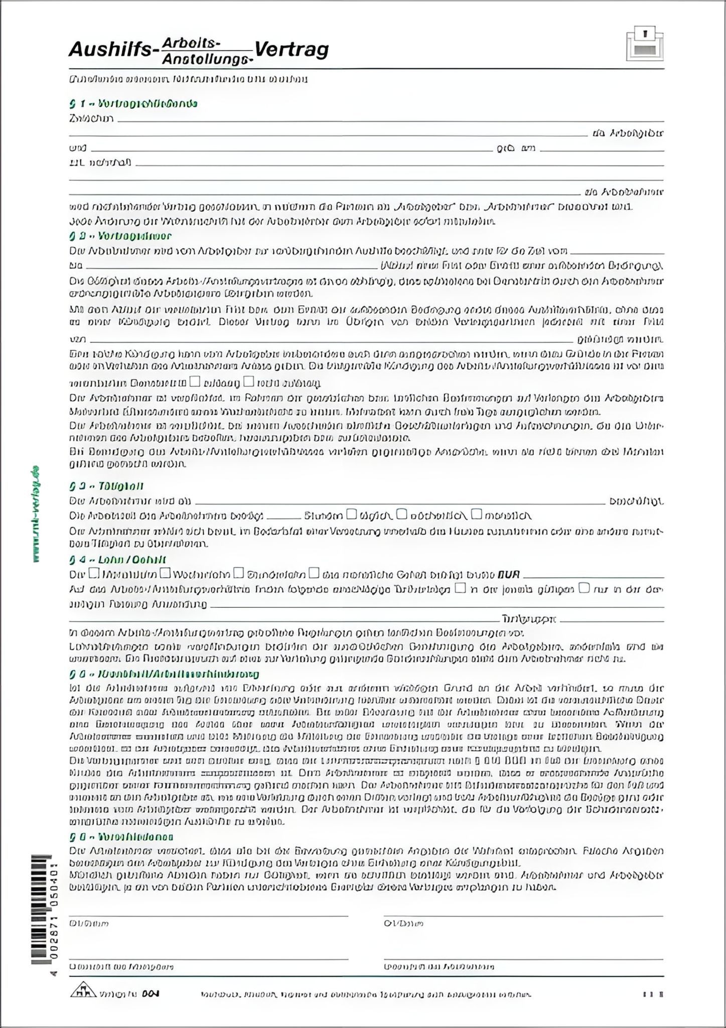 RNK Formularblock RNK Aushilfs- Arbeits- und -Anstellungsvertrag, 1 Seite, A4