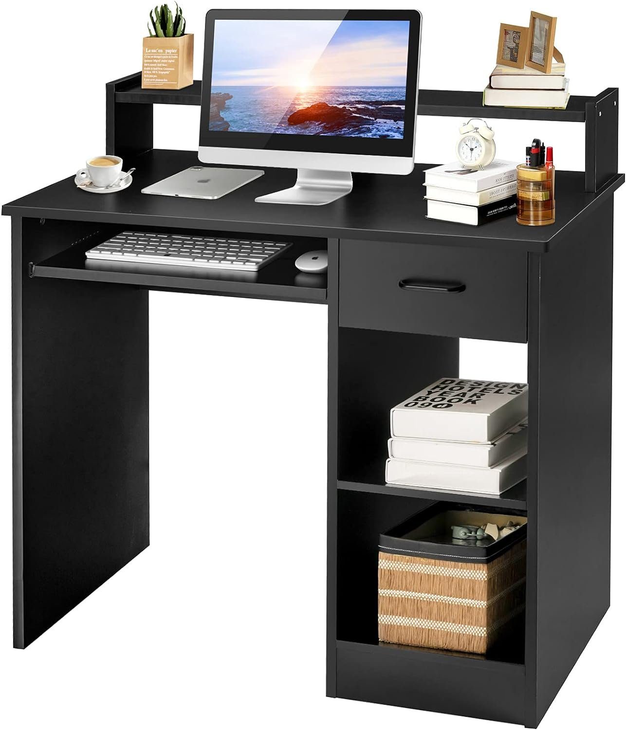 KOMFOTTEU Schreibtisch Arbeitstisch, mit Tastaturauszug, schwarz Office für Home