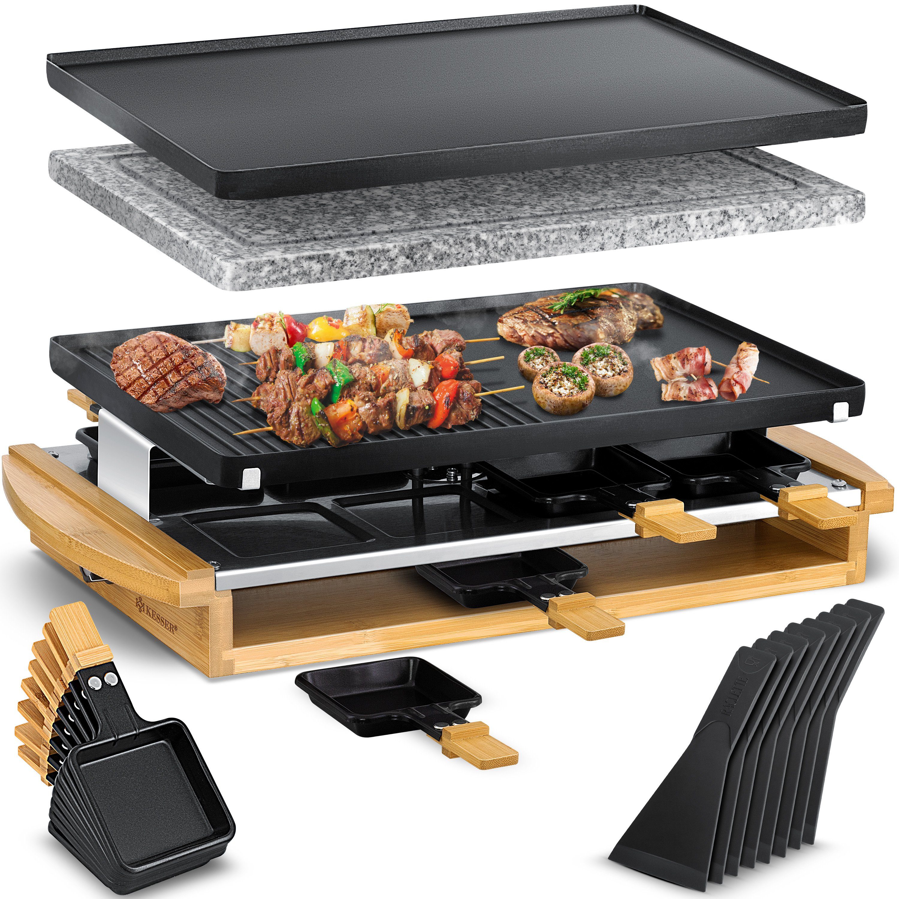 KESSER Раклетници, 8 Раклетнициpfännchen, 1200 W, Раклетници-Grill mit Naturgrillstein, Grillplatte Tischgrill