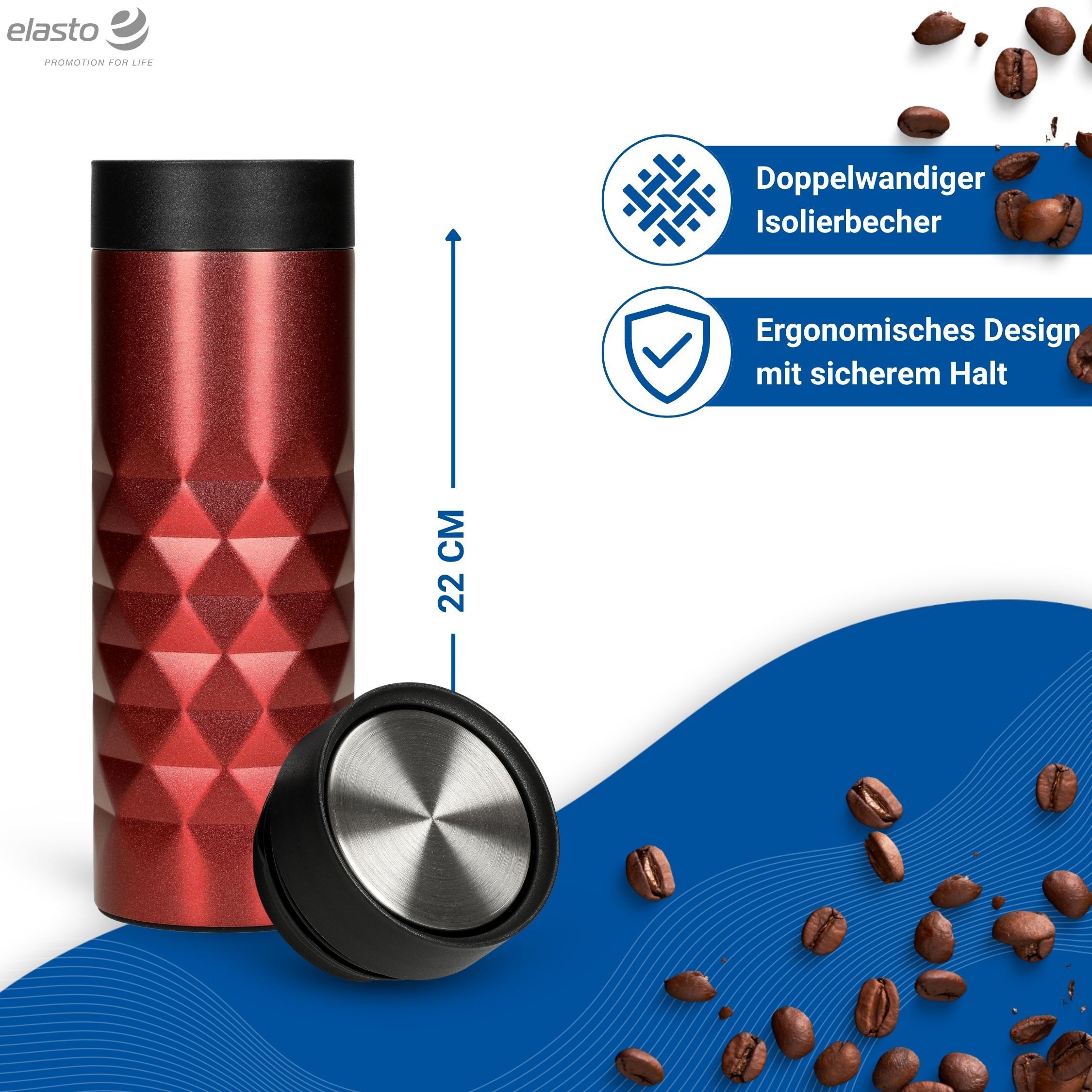 elasto Coffee-to-go-Becher Diamond 360 auslaufsicherer Thermobecher 450 ml, Kaffeebecher to go, Doppelwand, Leicht, Robust, 360 Grad Deckel – Bild 2 von 5
