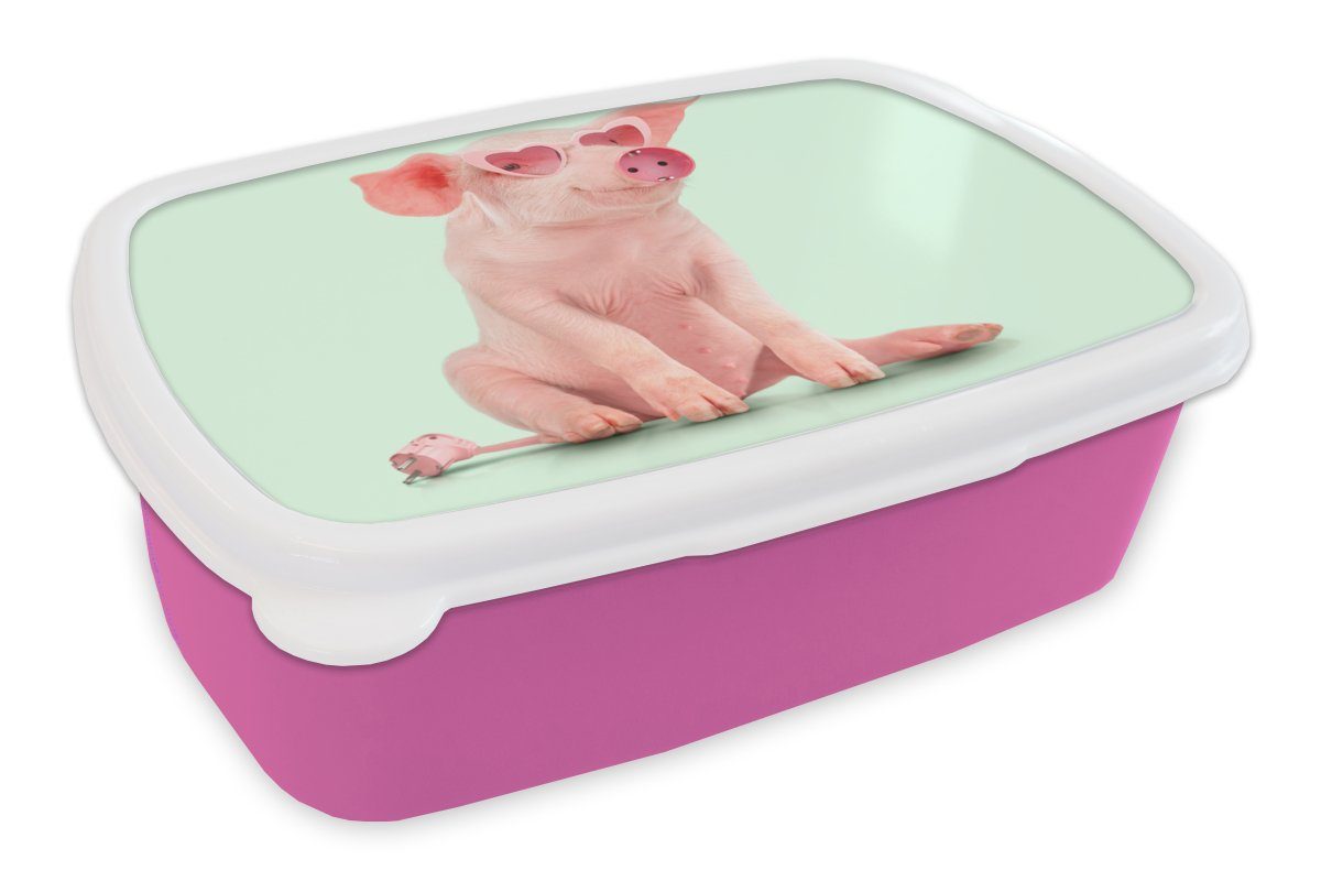 - für Kinder, Brotbox - Erwachsene, Rosa Mädchen, Kunststoff, (2-tlg), - Sockel Snackbox, Kunststoff MuchoWow Schwein Tiere, Lunchbox - Brotdose Brille