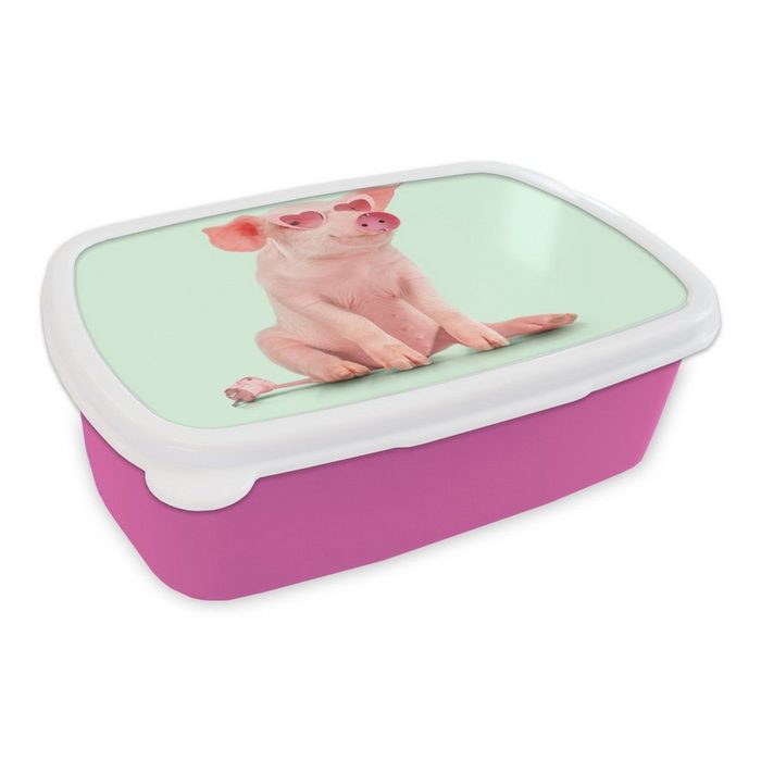 MuchoWow Lunchbox Schwein - Rosa - Brille - Sockel - Tiere Kunststoff (2-tlg) Brotbox für Erwachsene Brotdose Kinder Snackbox Mädchen Kunststoff
