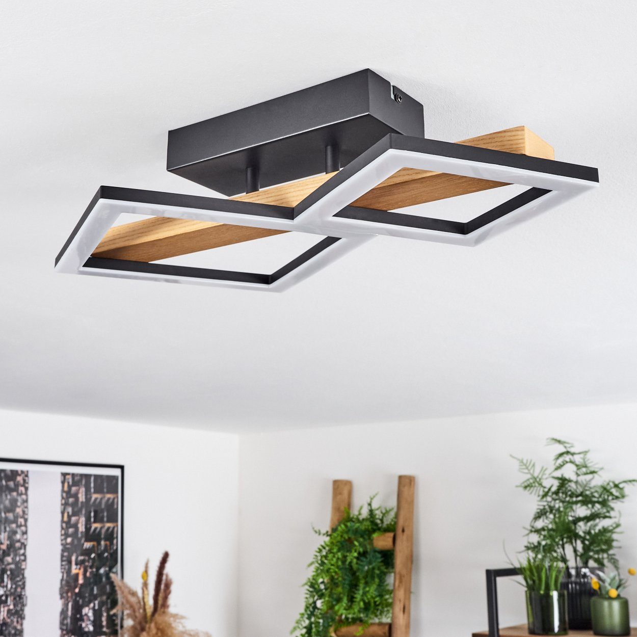 1xLED Metall/Holz/Kunststoff, Leuchte 3000 Schwarz/Natur/Weiß, mit Echtholz, 1150 aus hofstein Kelvin, Watt Lumen, 19 Deckenlampe, Balken »Stoccareddo« Deckenleuchte