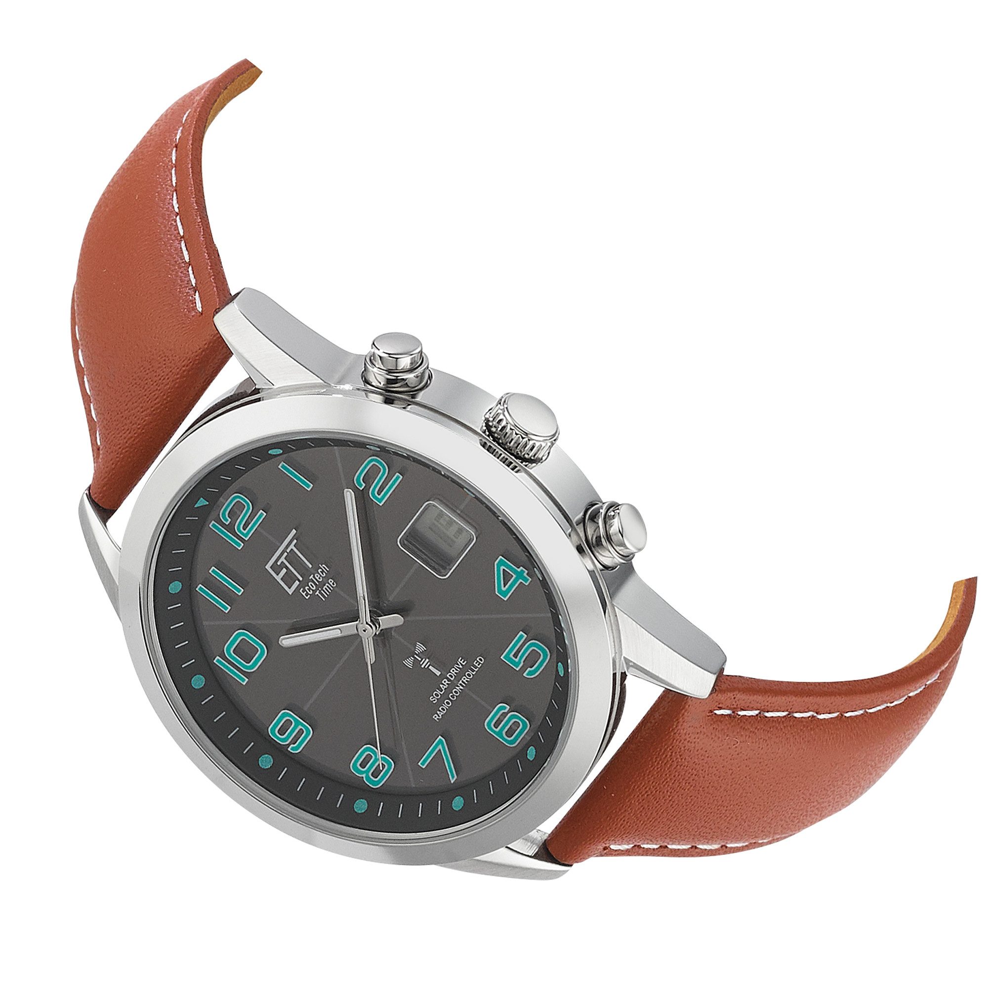 ETT Funkuhr Gobi EGS-11499-22L, Armbanduhr, Solar, Herrenuhr, Lederarmband, analog, digital, Tag
