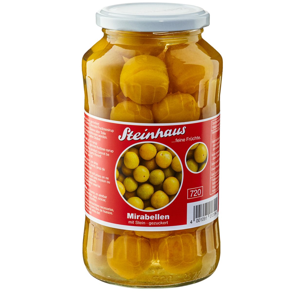 Steinhaus Obstkonserve, Steinhaus feine Mirabellen mit Stein und gezuckert im Glas 720ml