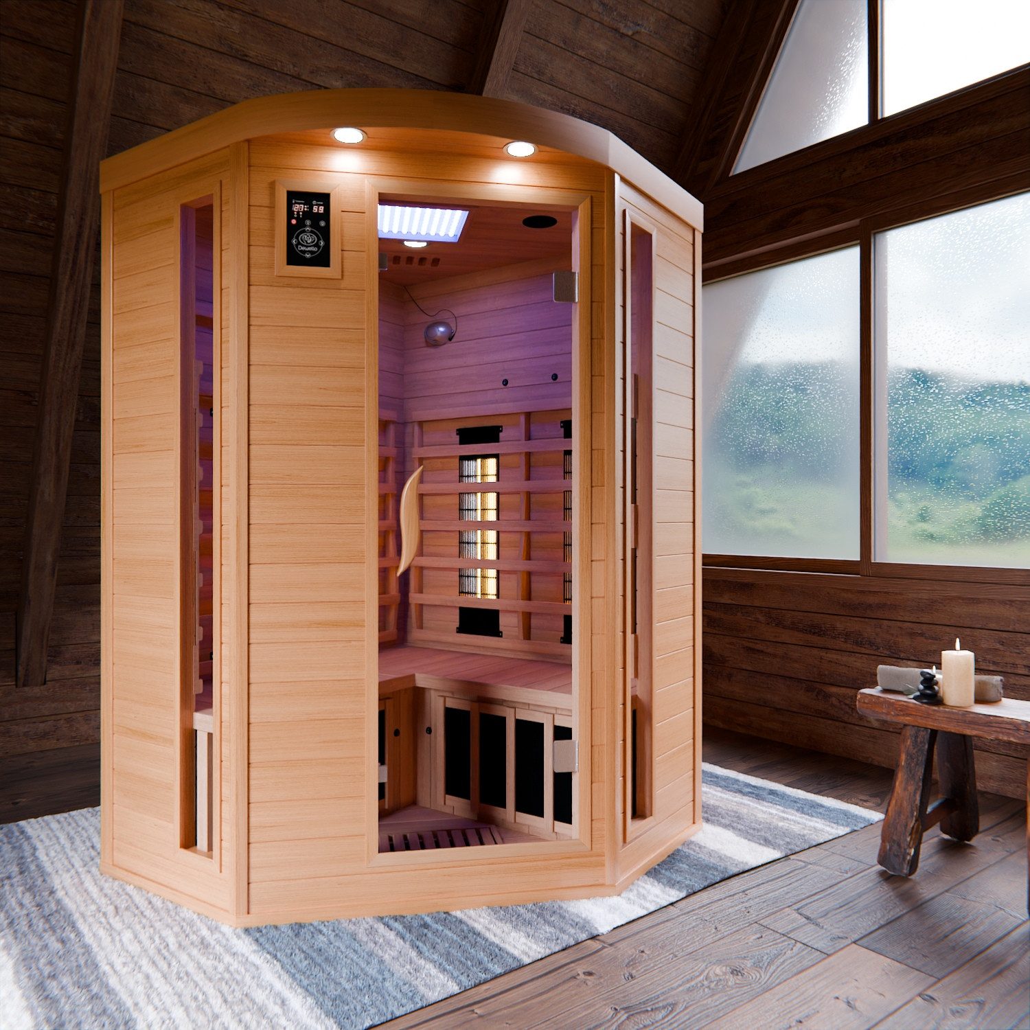 Dewello Infrarotkabine LAKEFIELD 3 120 Wärmekabine, bis zu 2 Personen, 5 Vollspektrumstrahler, BxTxH: 120 x 120 x 190 cm, (Farblichttherapie, Ionisator mit Ozondesinfektion und Aromatherapie, Multimedia und zusätzlich USB-Anschluss & Bluetooth möglich) Sauna aus Hemlock-Tannenholz, leichter Aufbau dank Stecksystem