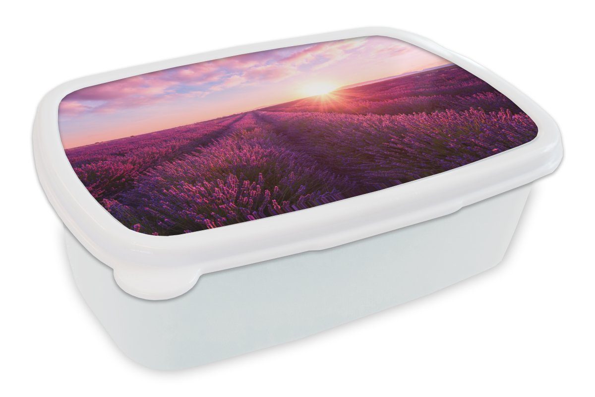 MuchoWow Lunchbox Lavendel - Blumen - Frankreich, Kunststoff, (2-tlg), Brotbox für Kinder und Erwachsene, Brotdose, für Jungs und Mädchen weiß