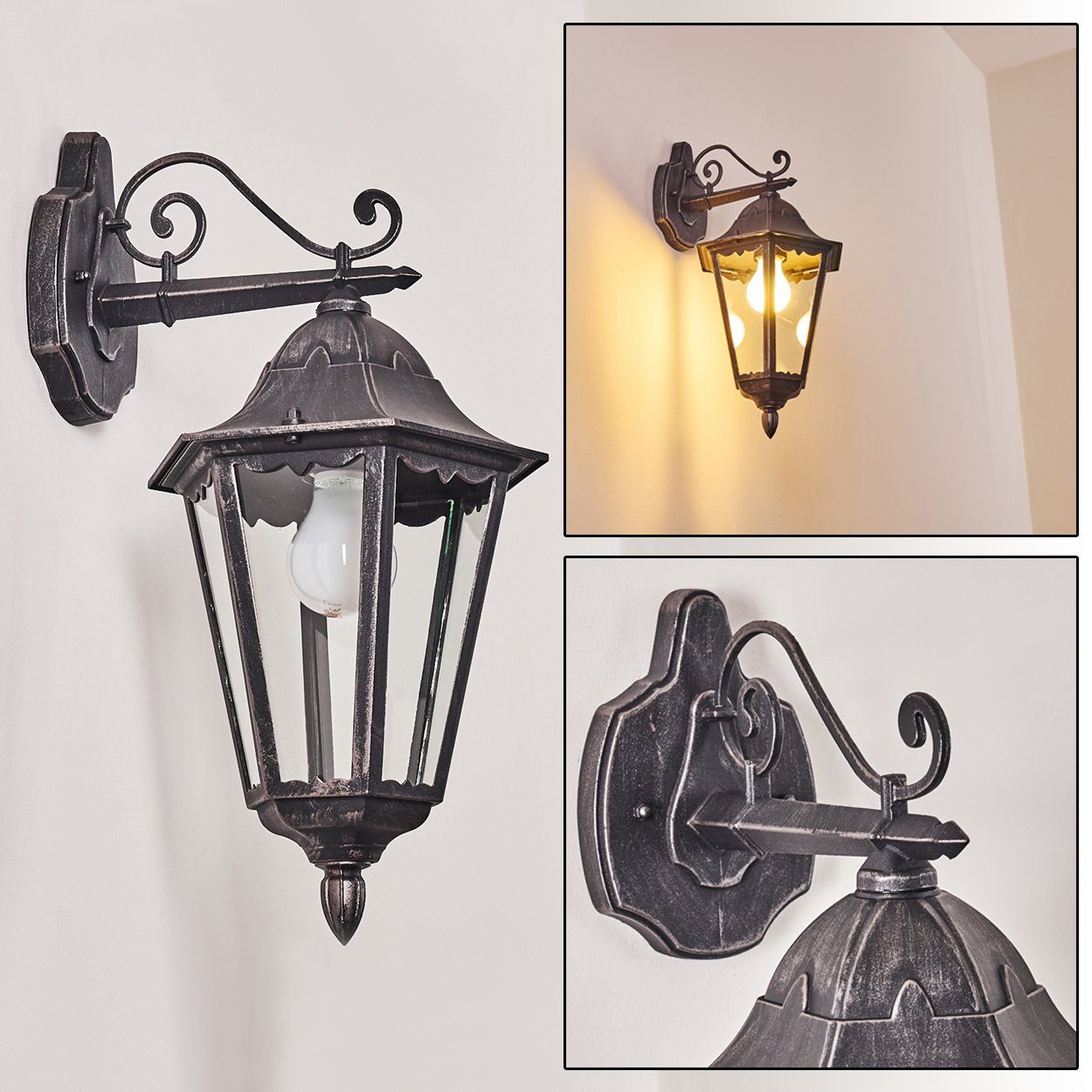 hofstein Außen-Wandleuchte »Ganna« Außenwandlampe abwärts in antikem Look, ohne Leuchtmittel, Aluguss in Schwarz/Silber m. Klarglas-Scheiben, m. E27