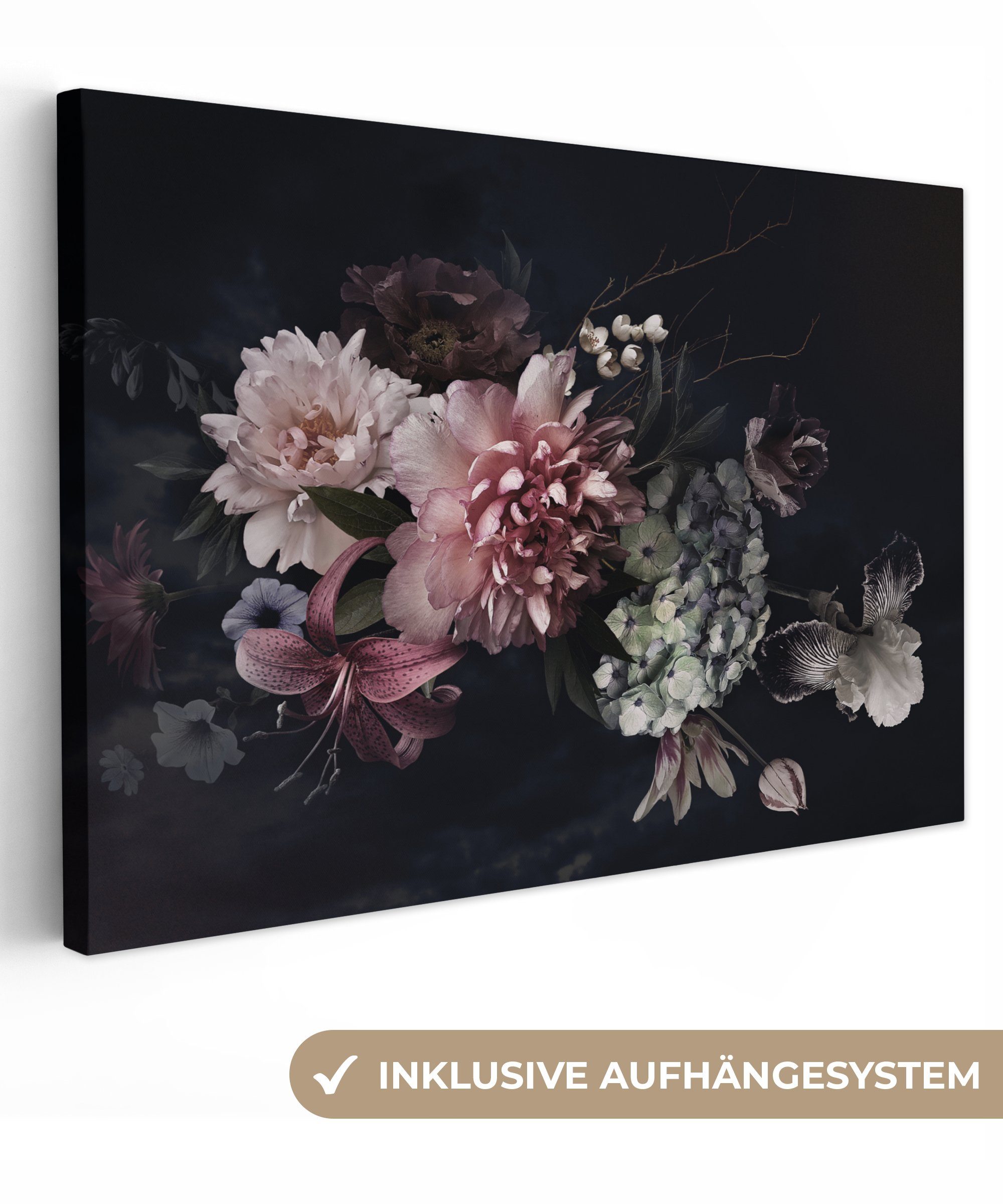 OneMillionCanvasses® Leinwandbild Blumen - Vintage - Pastell - Schwarz - Blumenstrauß, Fotodruck (1 St), Leinwand Bilder Klein, Wand Dekoration Aesthetic 30x20 cm