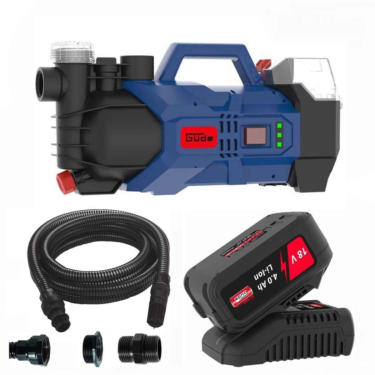 Güde Akku-Gartenpumpe Gartenpumpe GP 18 V mit Akku 4.0 Ah Wasserfilter Saugschlauch