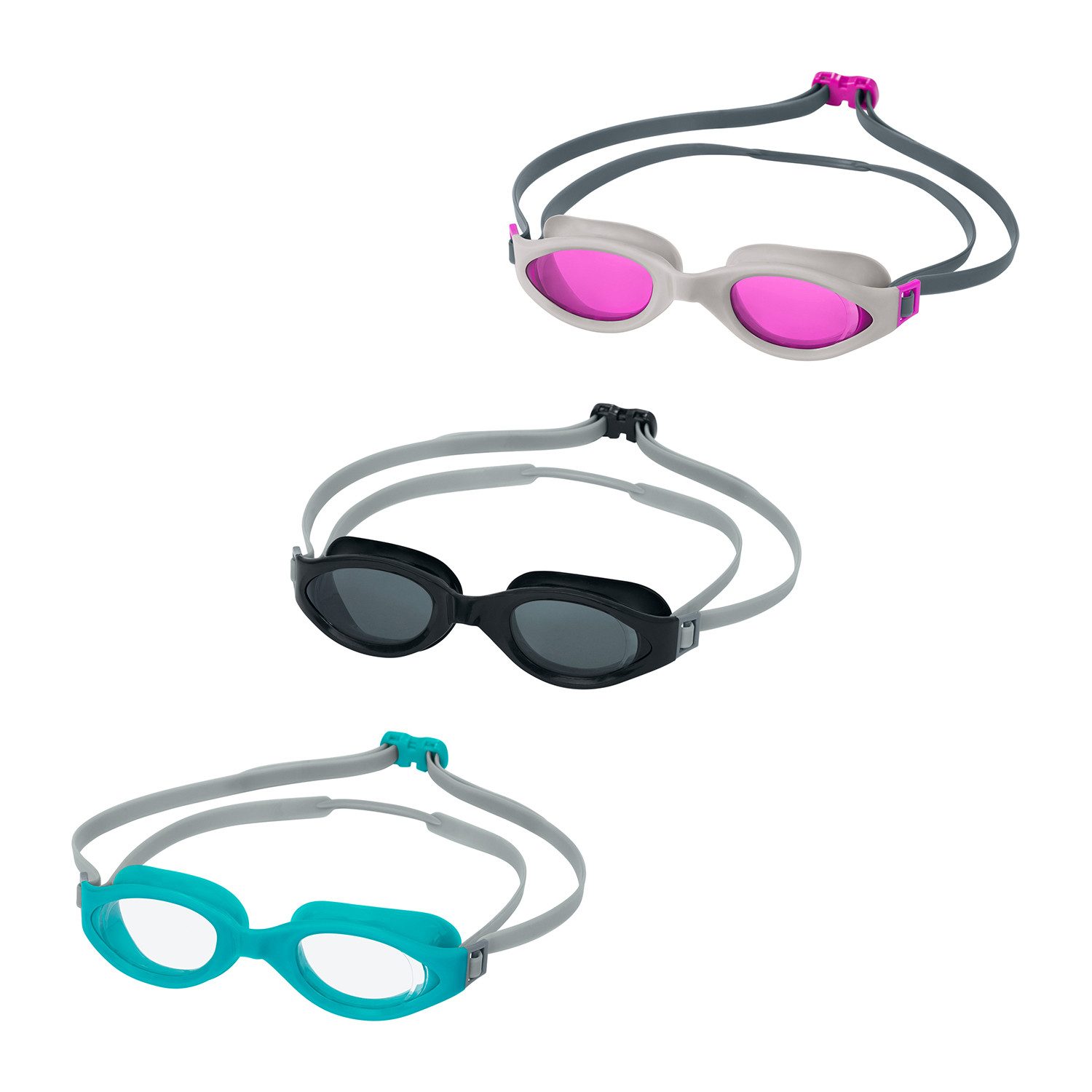 Bestway Schwimmbrille Accelera™, (Packung, 1-St., Verstellbares, zweigeteiltes Silikon-Kopfband), 100% latex- und PVC-frei