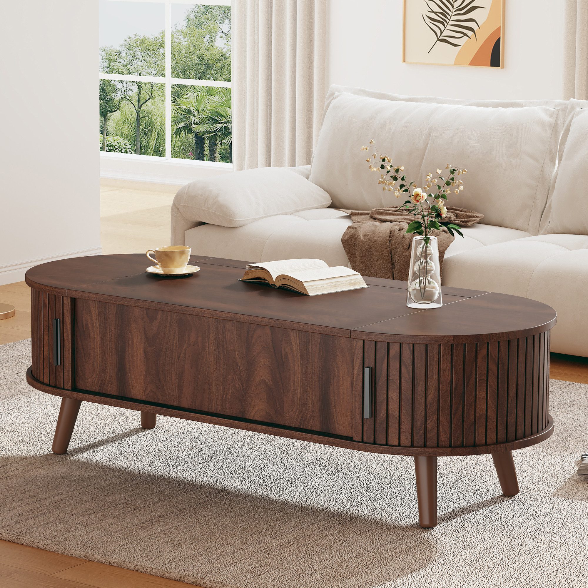 Merax Couchtisch anhebbarer Sofatisch mit Liftfunktion im Walnuss-Design (1-St., 120x50x39,5cm), Wohnzimmertisch mit verstecktem Stauraum, 5 Ablagefächern & Holzbeinen