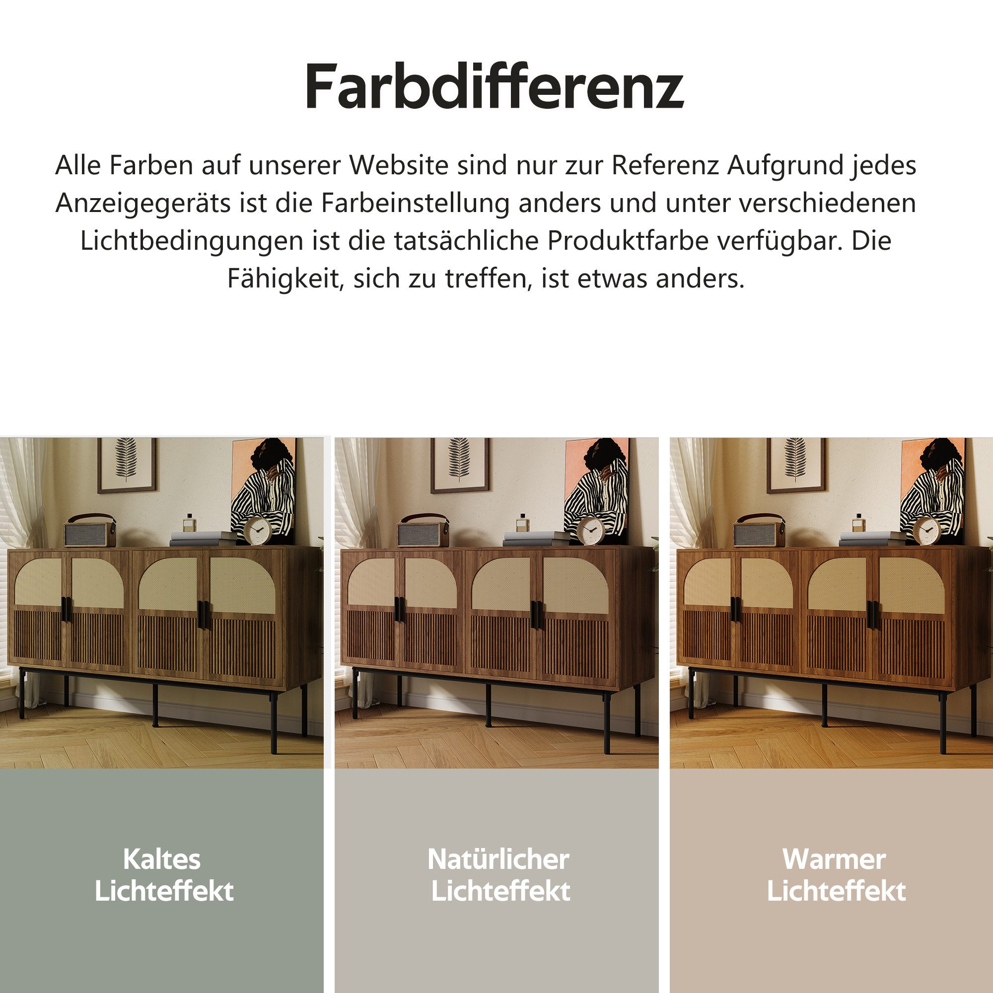 Merax Sideboard mit 4 Türen, Rattanfurnier und Walnussholz-Optik (1 St., Aufbewahrungsschrank Anrichte), Kommode mit Stauraum, gedämpften Scharnieren & Stahlbeinen,140×40×80cm