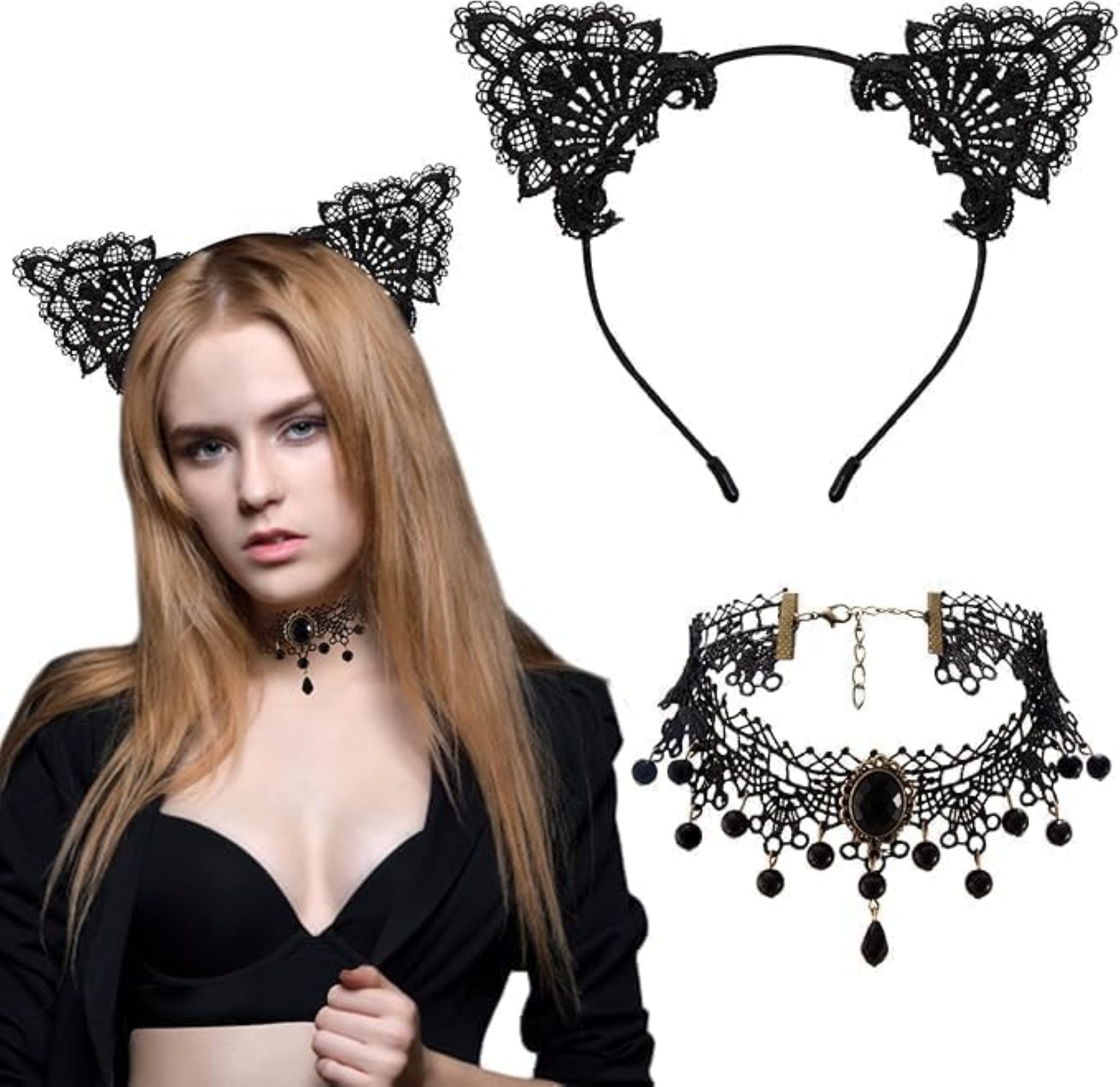 LA CUTE Haarreif Spitzen-Katzenohren & Halskette Damen-Set für Karneval & Halloween, Kostümzubehör-Set für Damen (Haarreif & Spitzenhalskette), 2-teiliges Damen-Accessoire-Set für Katzenkostüm & Cosplay, Formbare Katzenohren, verstellbare Spitzenhalskette