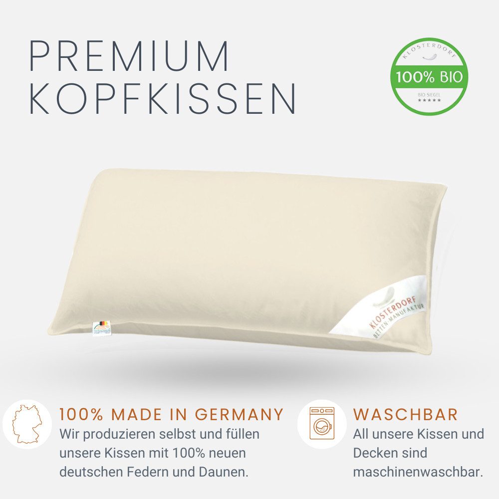 Klosterdorf Betten-Manufaktur Gänsedaunenkopfkissen Premium Bio Baby Kinder Daunen Kopfkissen 40x60 cm - krümmel -, Füllung: 100% neue reine weiße deutsche Bio Gänsedaune aus Bio Produktion Klasse I,Für erholsamen und gesunden Schlaf, liebevolle Handarbeit aus unserem deutschen Familienbetrieb