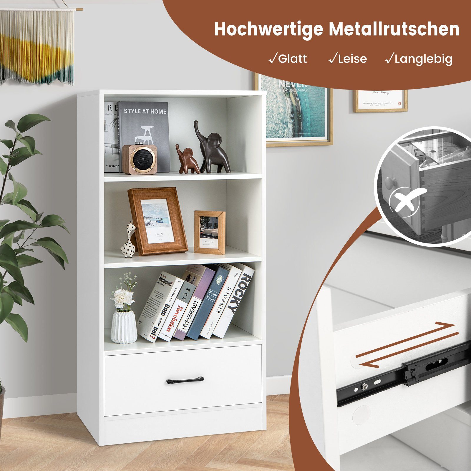 Fächern Bücherregal, Schubladen großer & | weiß weiß Standregal mit 60x38x120cm COSTWAY 3