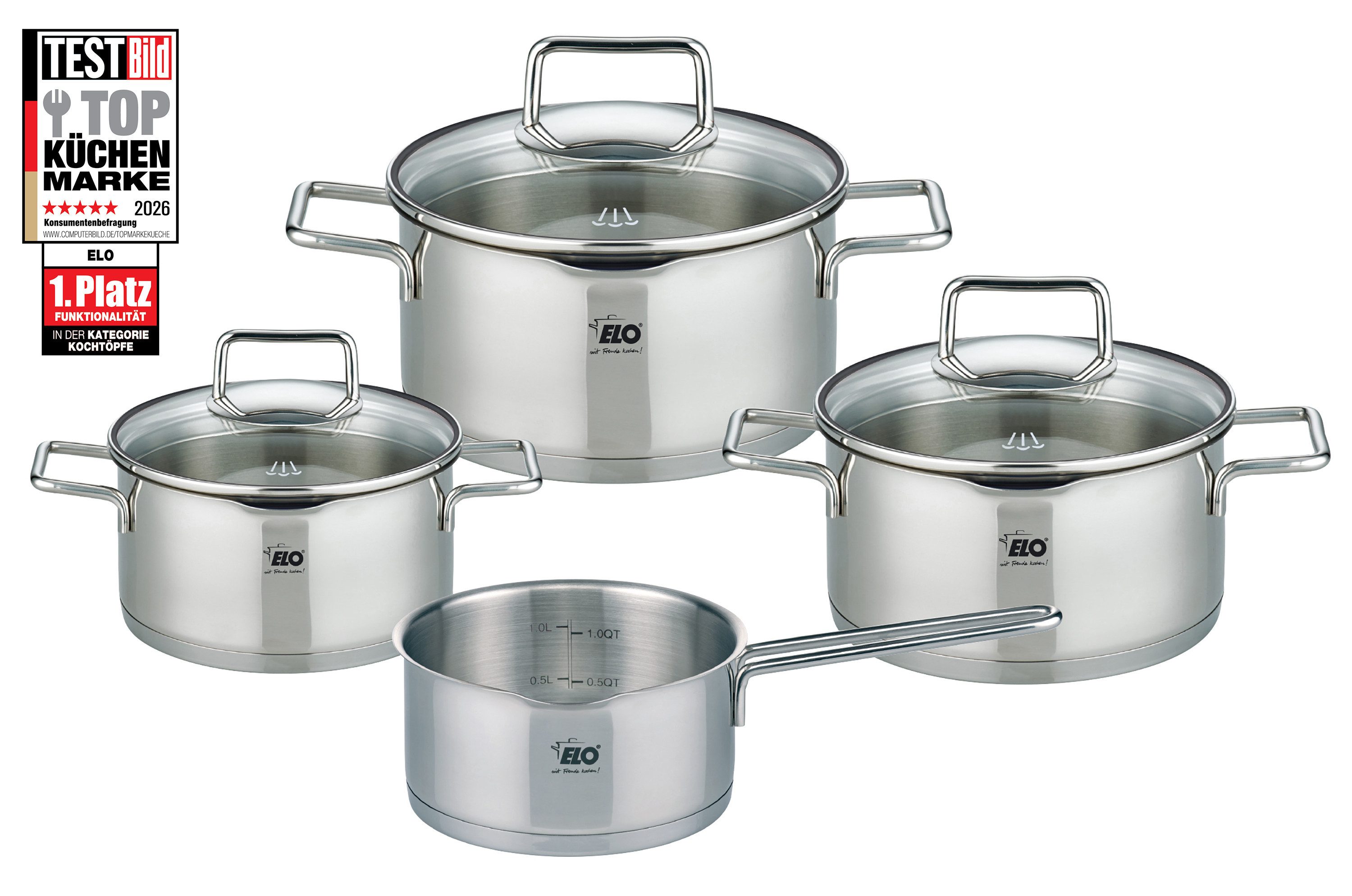 Elo Topf-Set Smart Steam, Edelstahl 18/10 (Set, 7-tlg., je 1 Fleischtopf Ø 16/20/24 cm, 1x Stieltopf Ø 16 cm), Induktion