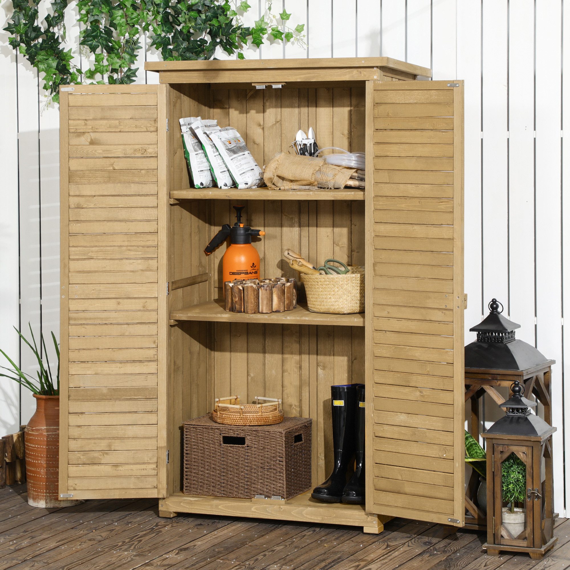 Outsunny Gerätehaus Gartenschrank Holz, Geräteschuppen wetterfest, mit Tür, Pultdach, BxT: 87x46.5 cm, (Gartenschrank, 2 St., Geräteschuppen), Wasserfestes Dach und gute Belüftung