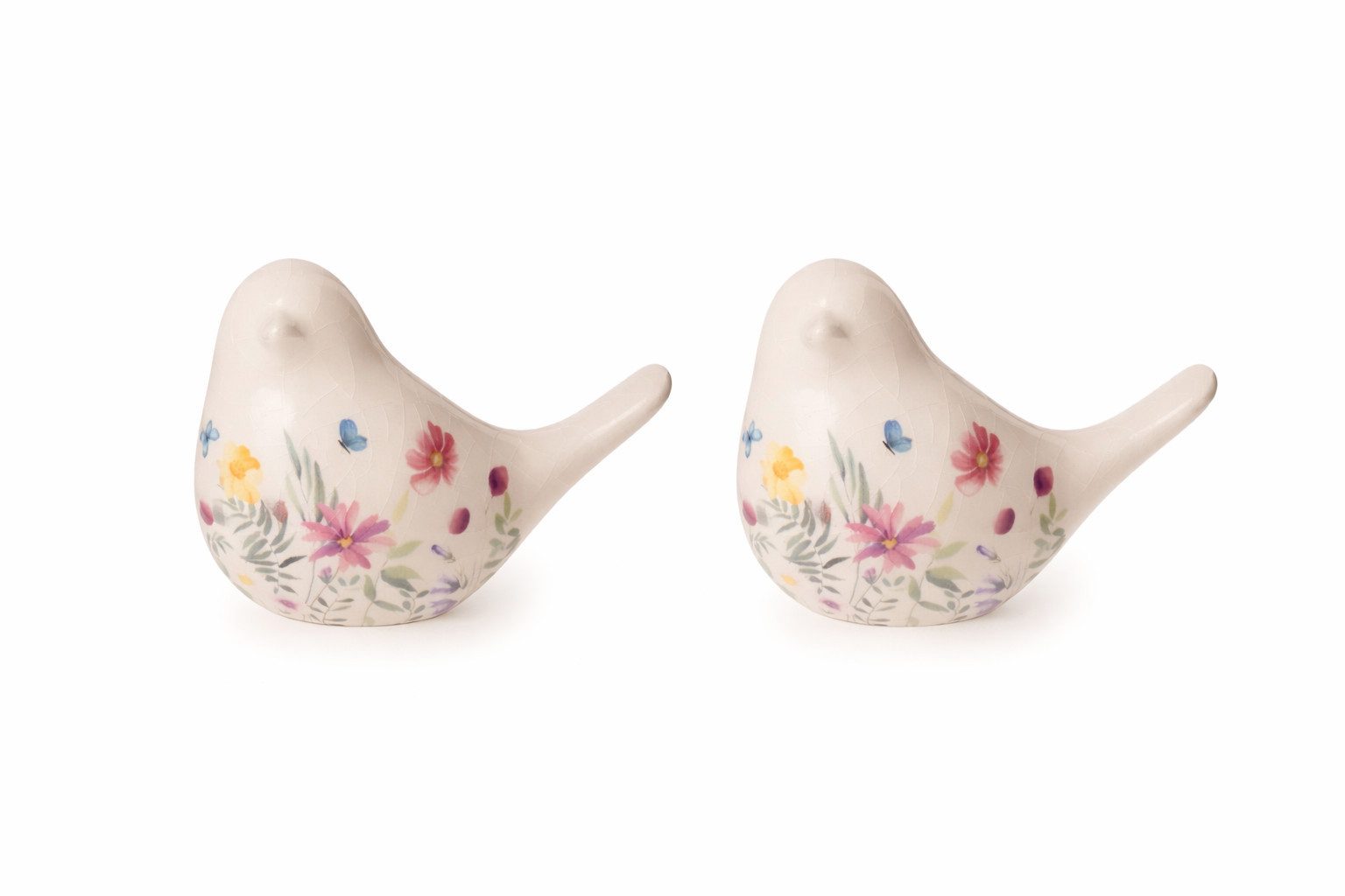 finehomegarden Dekofigur Vogel 2erSet Frühling Figur weiß-bunt Blumenmuster H7,5cm + H10cm (Set, 2 St., 2tlg), craquelee Skulptur Dekoration Landhaus 2Größen wählbar / Paket