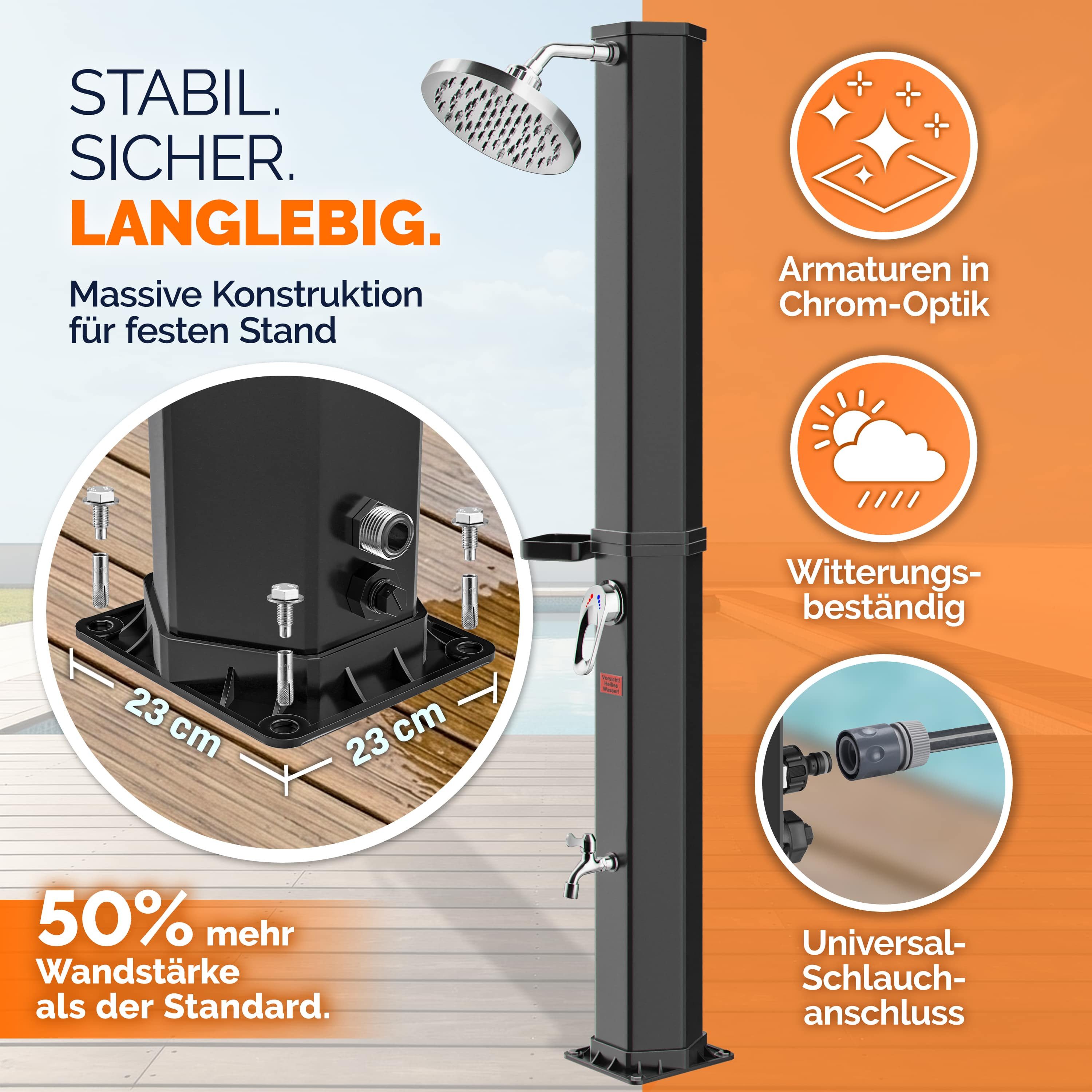 Casaria Solardusche, Solardusche 60 Liter UV-beständig Seifen Ablage 105GSM Schutzhaube