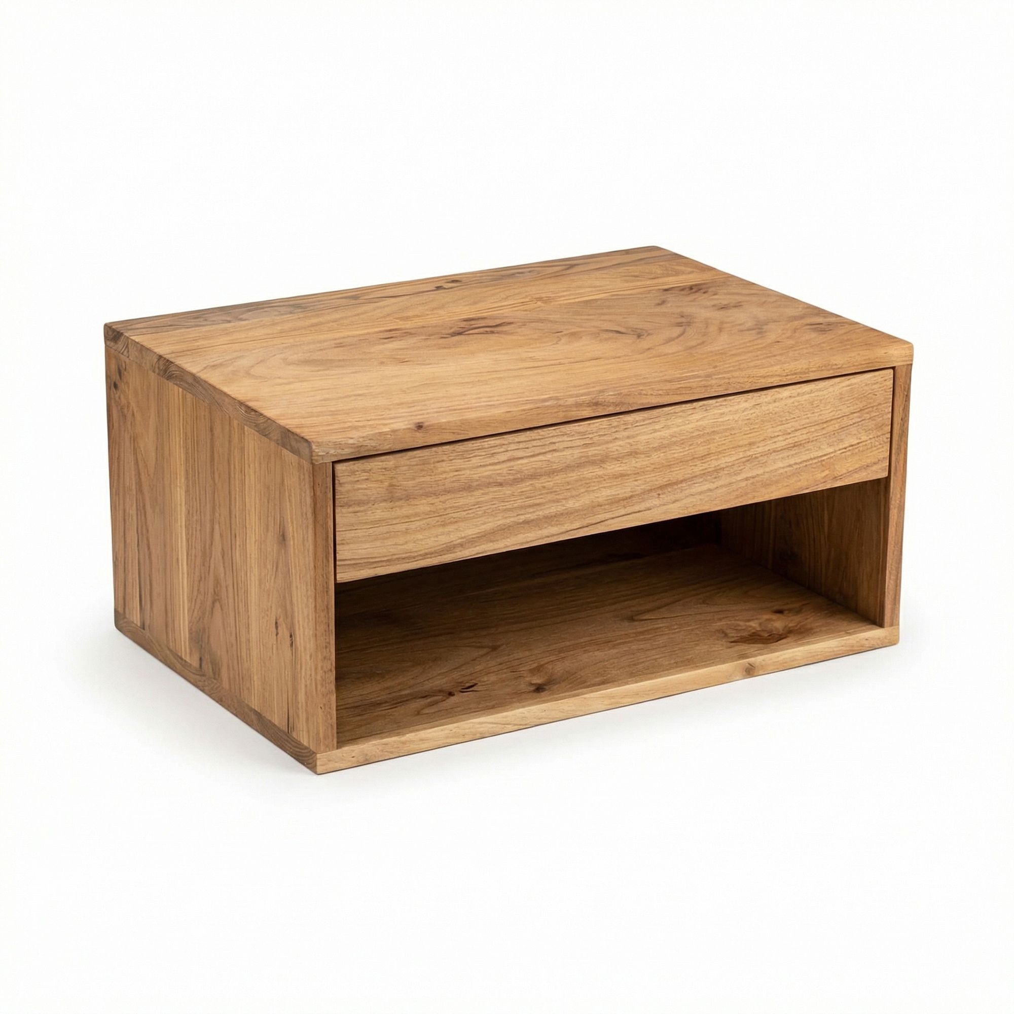 Wohnling Nachttisch WL7.776 Nachttisch für Wandmontage 50x35cm Wandnachttisch Schwebend (Schwebende Nachtkonsole aus massivem Akazienholz), Wand-Nachtkästchen mit Schublade und offenem Fach