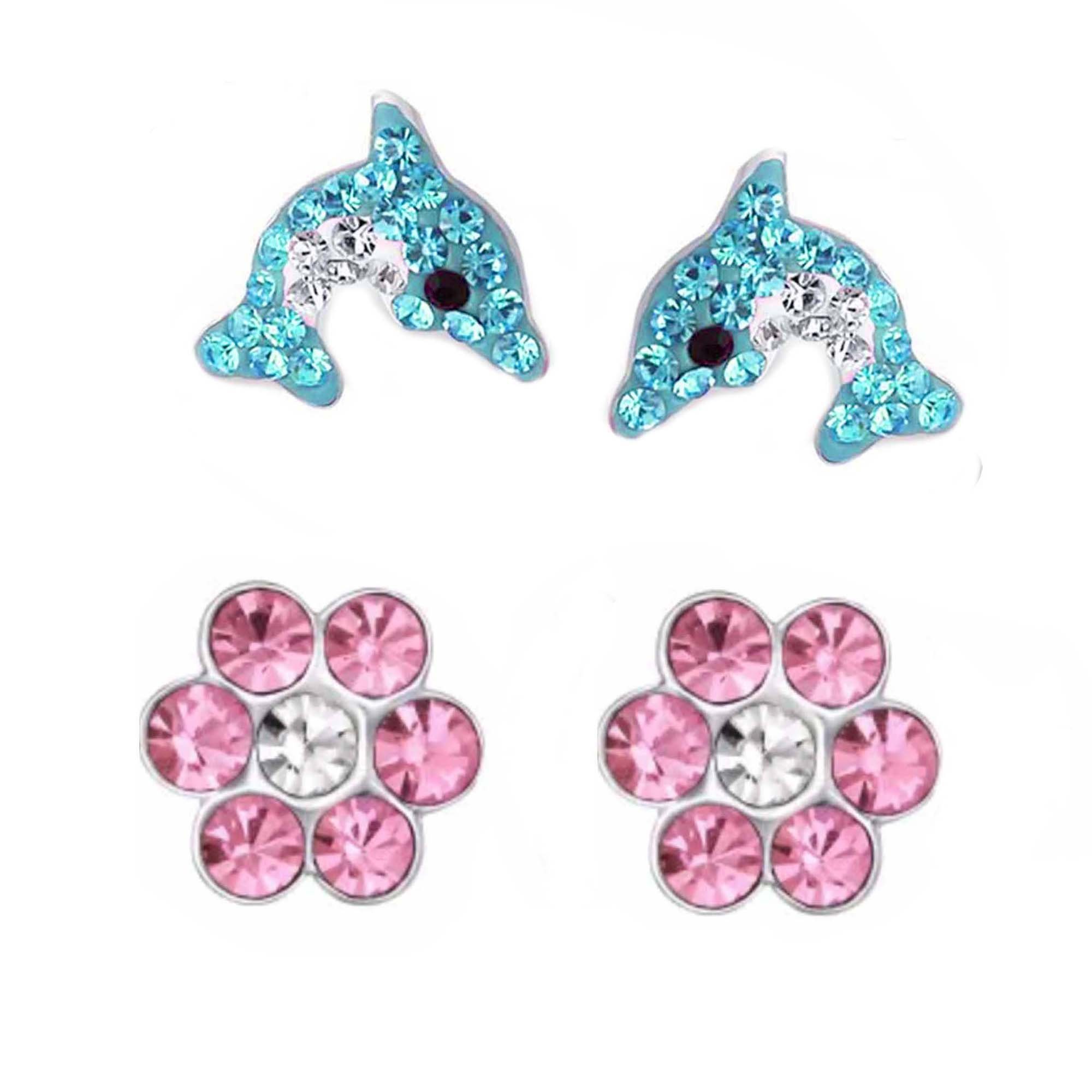 schmuck23 Paar Ohrstecker Kinder Ohrringe Delfin Blume echt 925 Sterling Silber (Set), Set, 2 Paar Ohrstecker Bunt