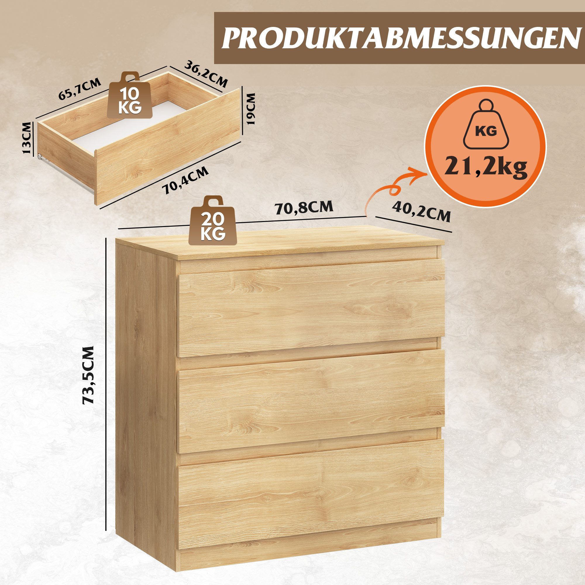 WLIVE Kommode Schubladenkommode mit 3 Schubladen, Sideboard, Breit 70,8 cm, Modernes Design ohne Griffe, Mehrzweckschrank für Schlafzimmer, Büro