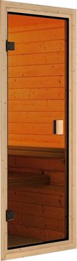 KONIFERA Saunahaus Hagen, BxTxH: 508 x 276 x 221 cm, 38 mm, (Set) terragrau, mit Ofen 9 KW externe Strg easy
