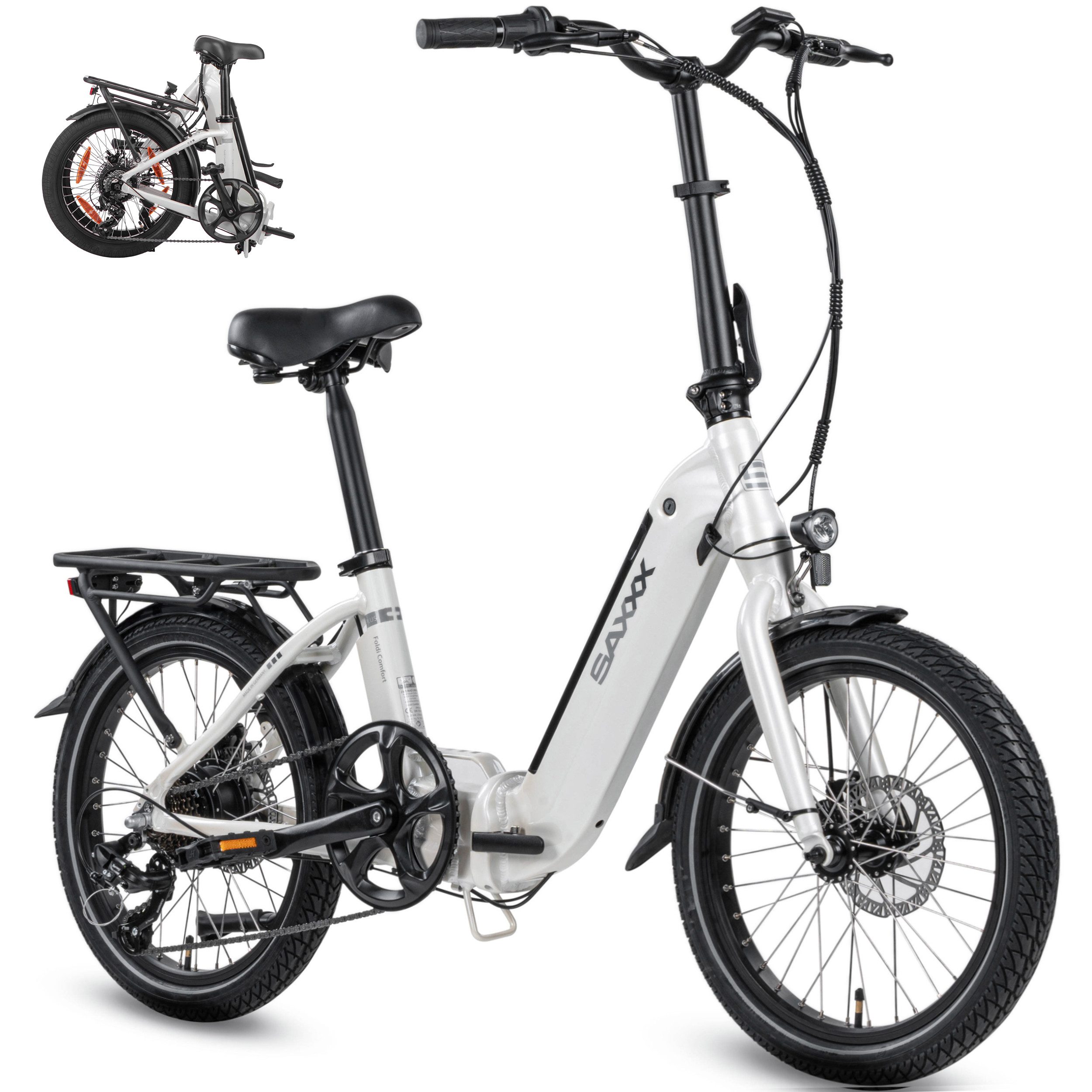 SAXXX E-Bike Klapprad 20x2,3'' Damen und Herren, SAXXX Pedelec 410Wh, max. 120km, nur 24kg, 7 Gang Shimano Nexus Schaltwerk, Kettenschaltung, Heckmotor, 410 Wh, (abnehmbarer Akku, 250W bürstenloser Hinterradmotor, 95% vormontiert), Faltrad E-Bike, Tiefeinsteiger, Gepäckträger bis 25 kg