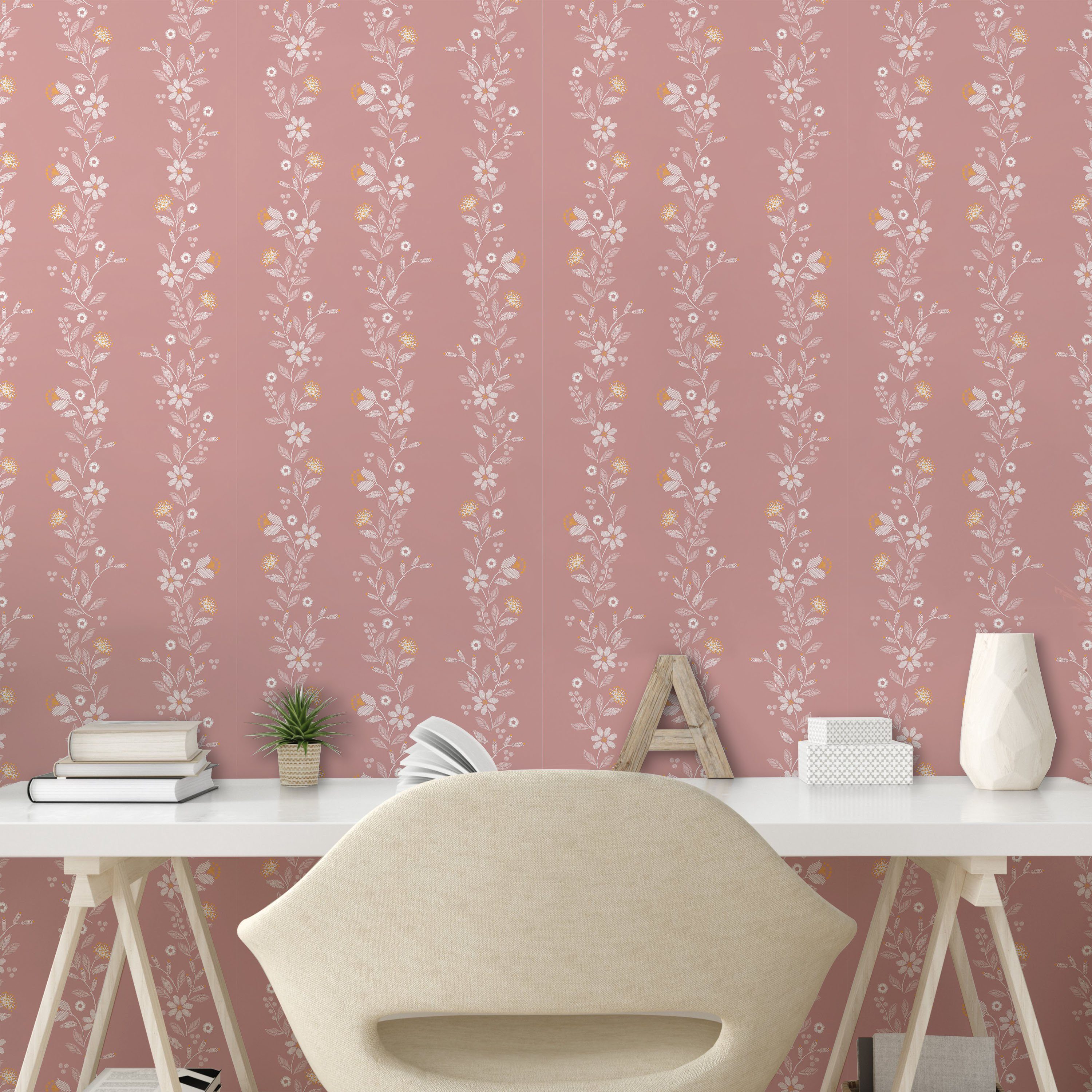 Abakuhaus Vinyltapete selbstklebendes Wohnzimmer Pastell Küchenakzent, neutrale Farbe Floral Retro