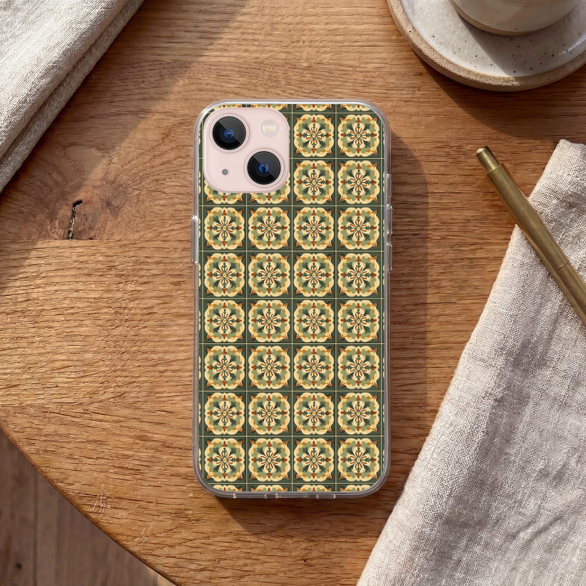 MuchoWow Handyhülle für Apple iPhone 13 mini Ornament - Muster - Grün, Smartphone-Bumper, Print, Handy Schutzhülle Dünn