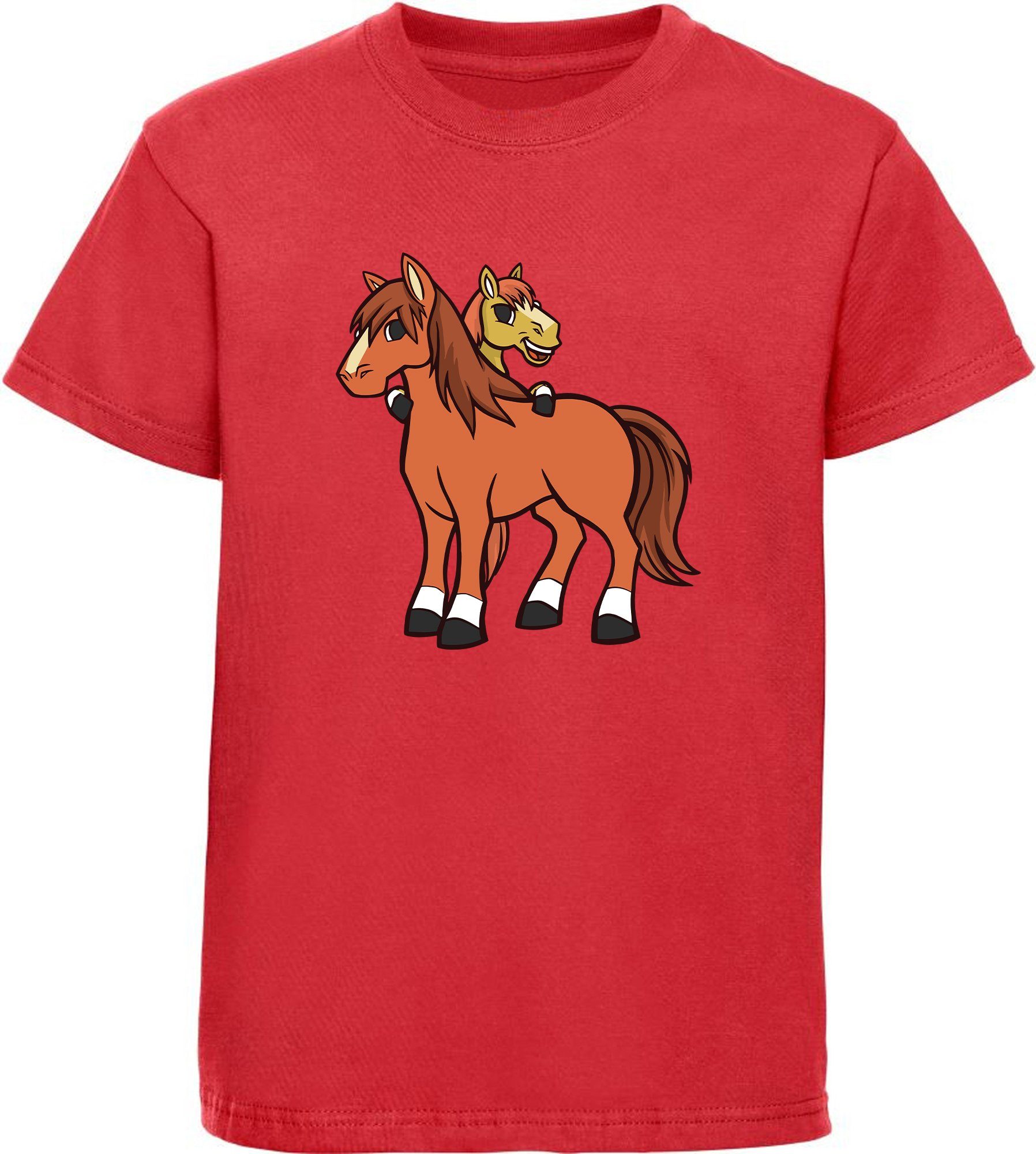 MyDesign24 T-Shirt Kinder Pferde Print Shirt bedruckt - 2 cartoon Pferde Baumwollshirt mit Aufdruck, i251 rot