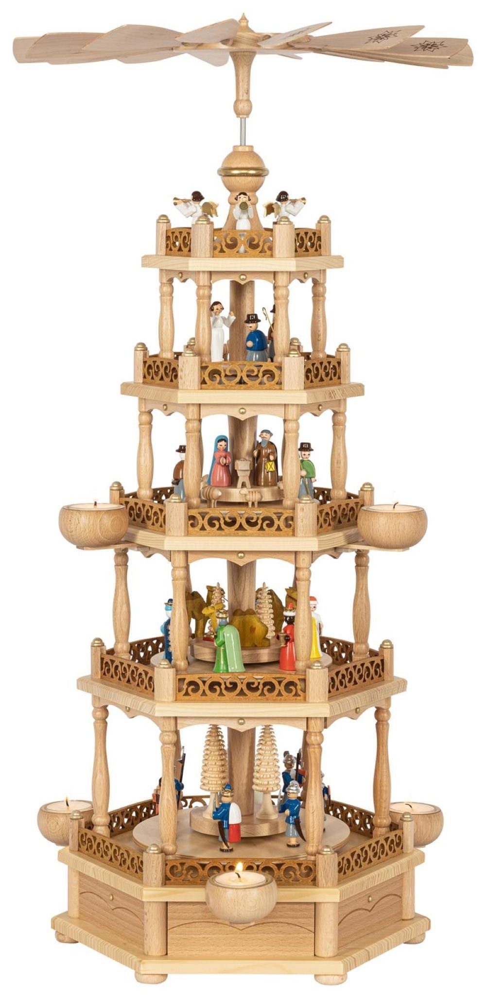 Weihnachtspyramide Teelichtpyramide Heilige Familie, 4-stöckig, Höhe 74 cm