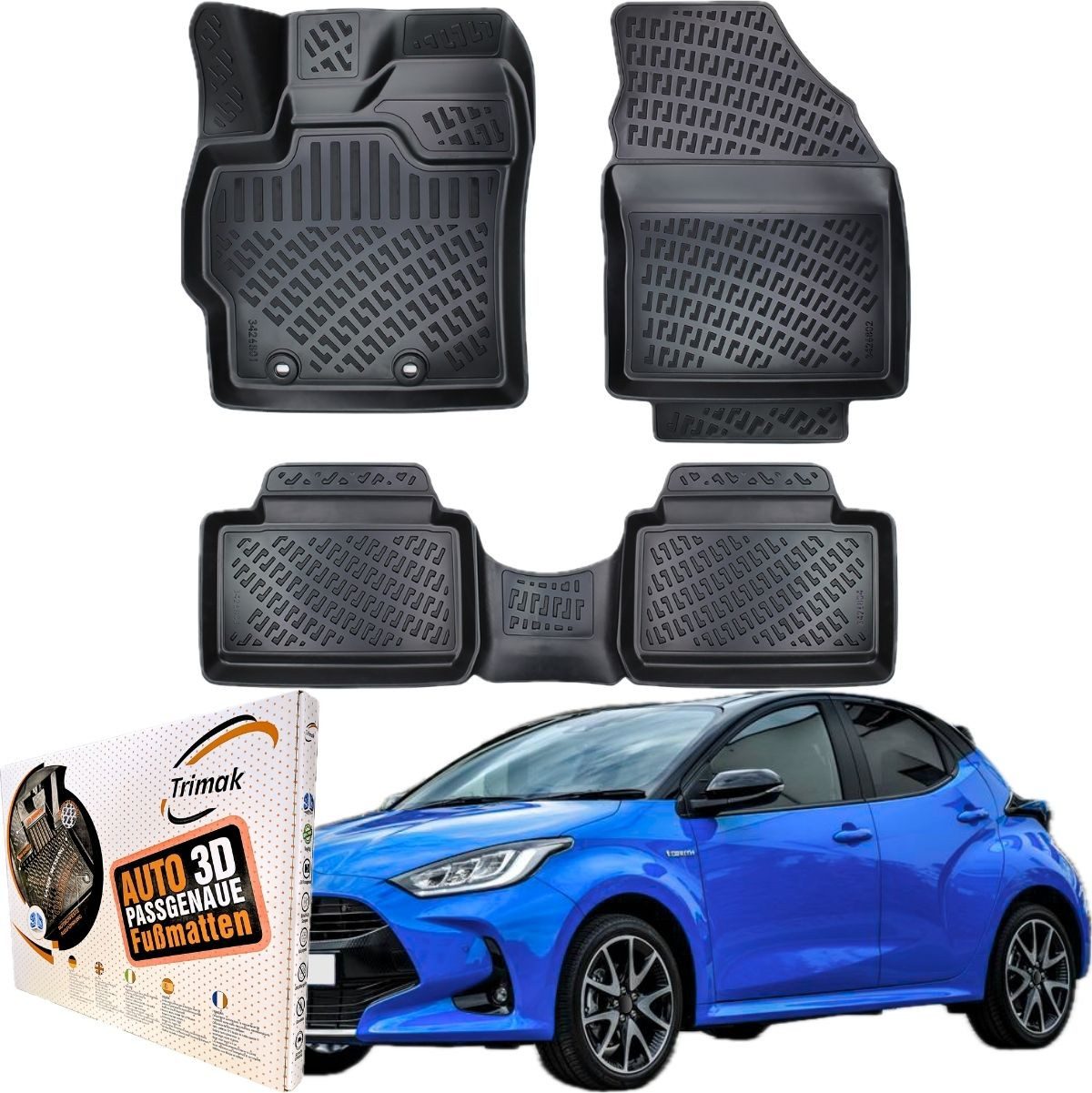 Trimak Passform-Fußmatten Oder Kofferraumwanne Oder Set für Toyota Yaris, Toyota Yaris 4. Gen XP210 ab 2020 Gummimatten Auto TPE Allwetter