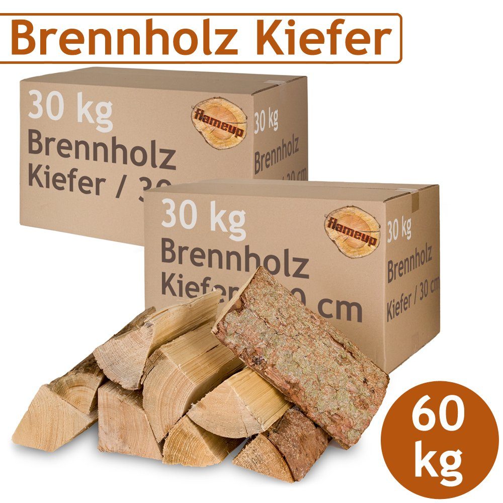 Flameup Kaminholz Kiefer Brennholz Kaminholz 60 kg Holz Ofen Kamin 30 cm  Kaminofen, 60 kg