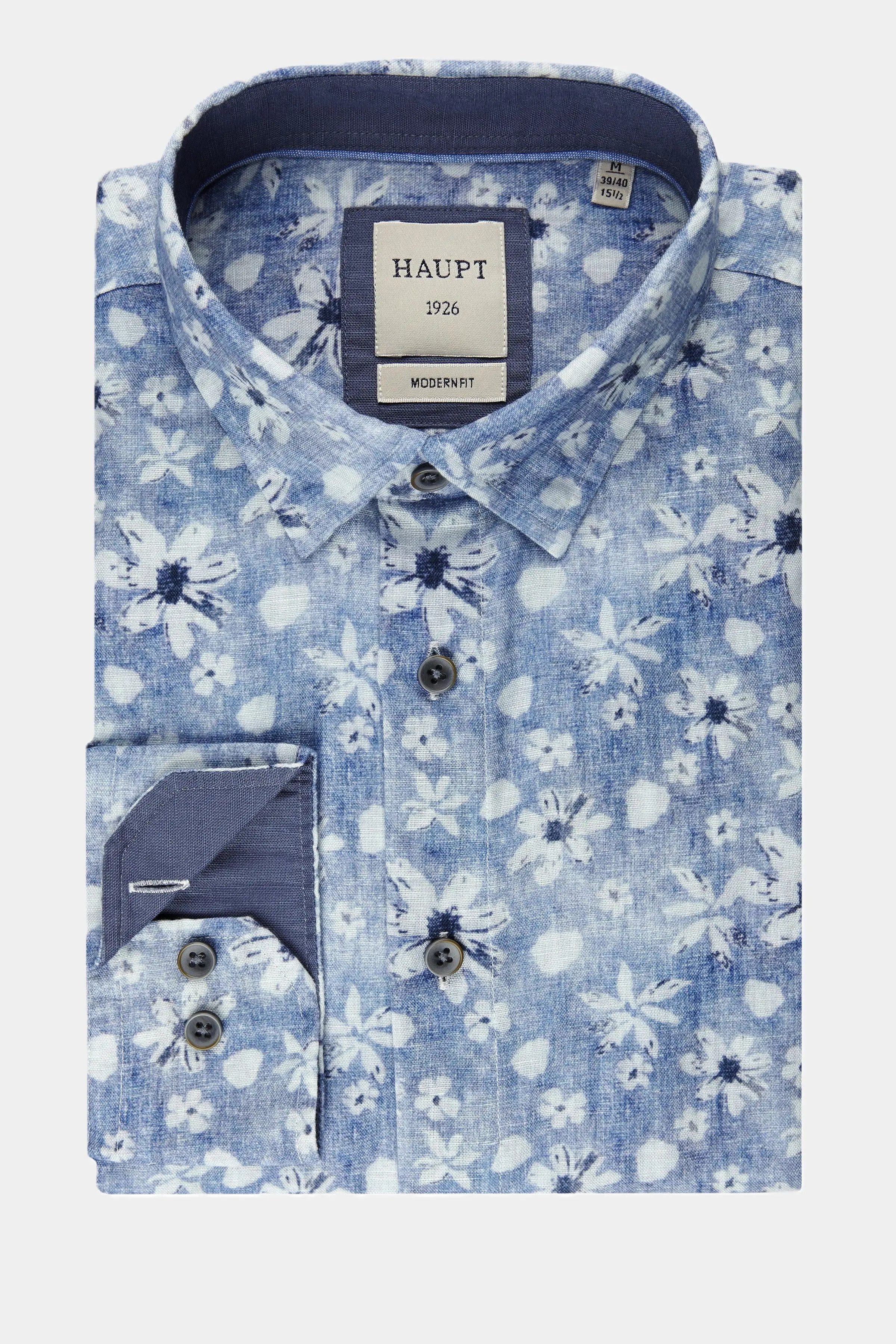 Haupt Langarmhemd Haupt Baumwoll-Leinen Langarm Herrenhemd Modern Fit im floralen Print